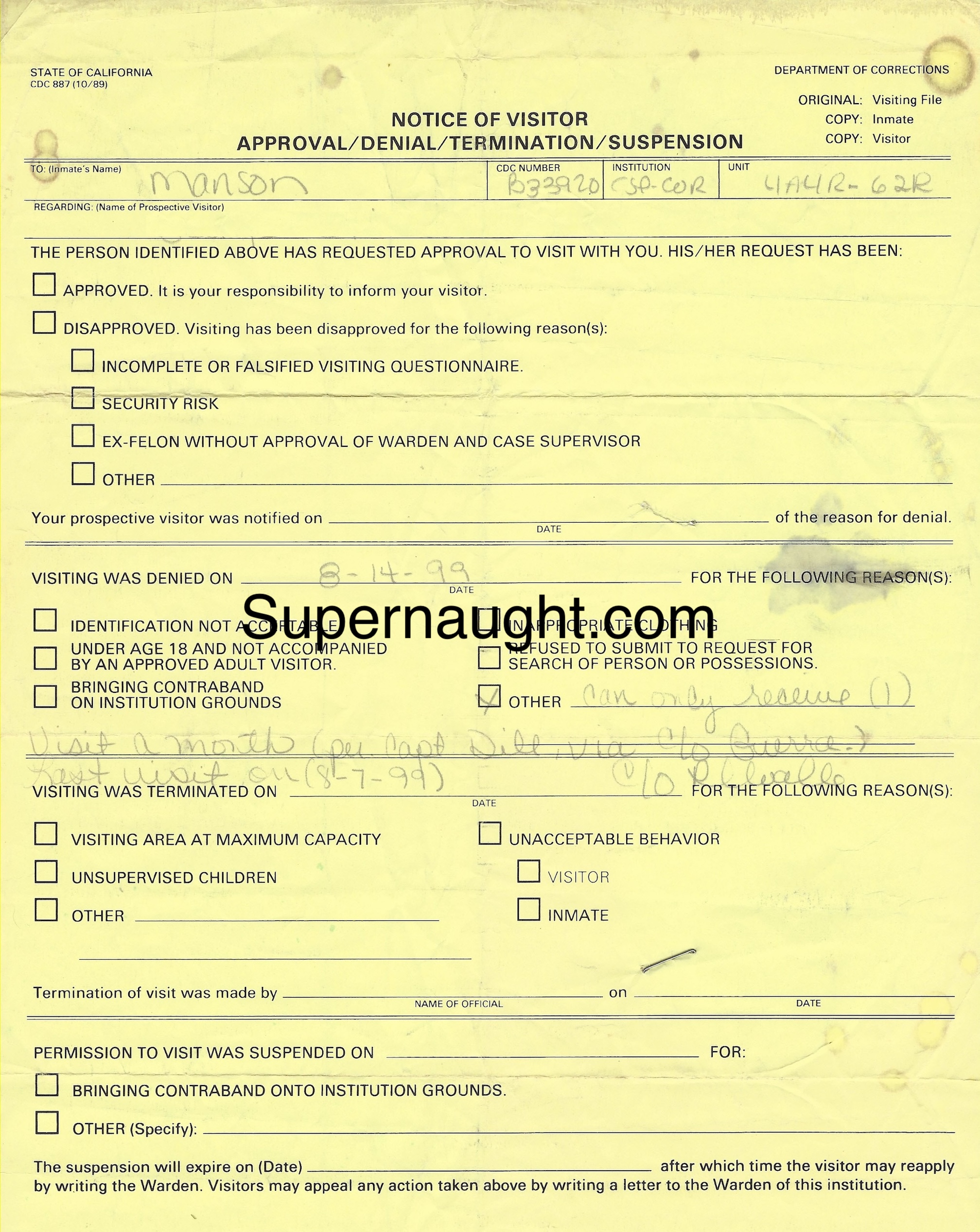 Charles Manson Notice of Visitor Denial Inmate Copy