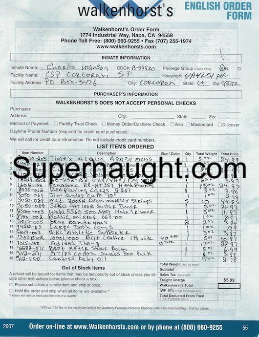 Charles Manson Package Order Form