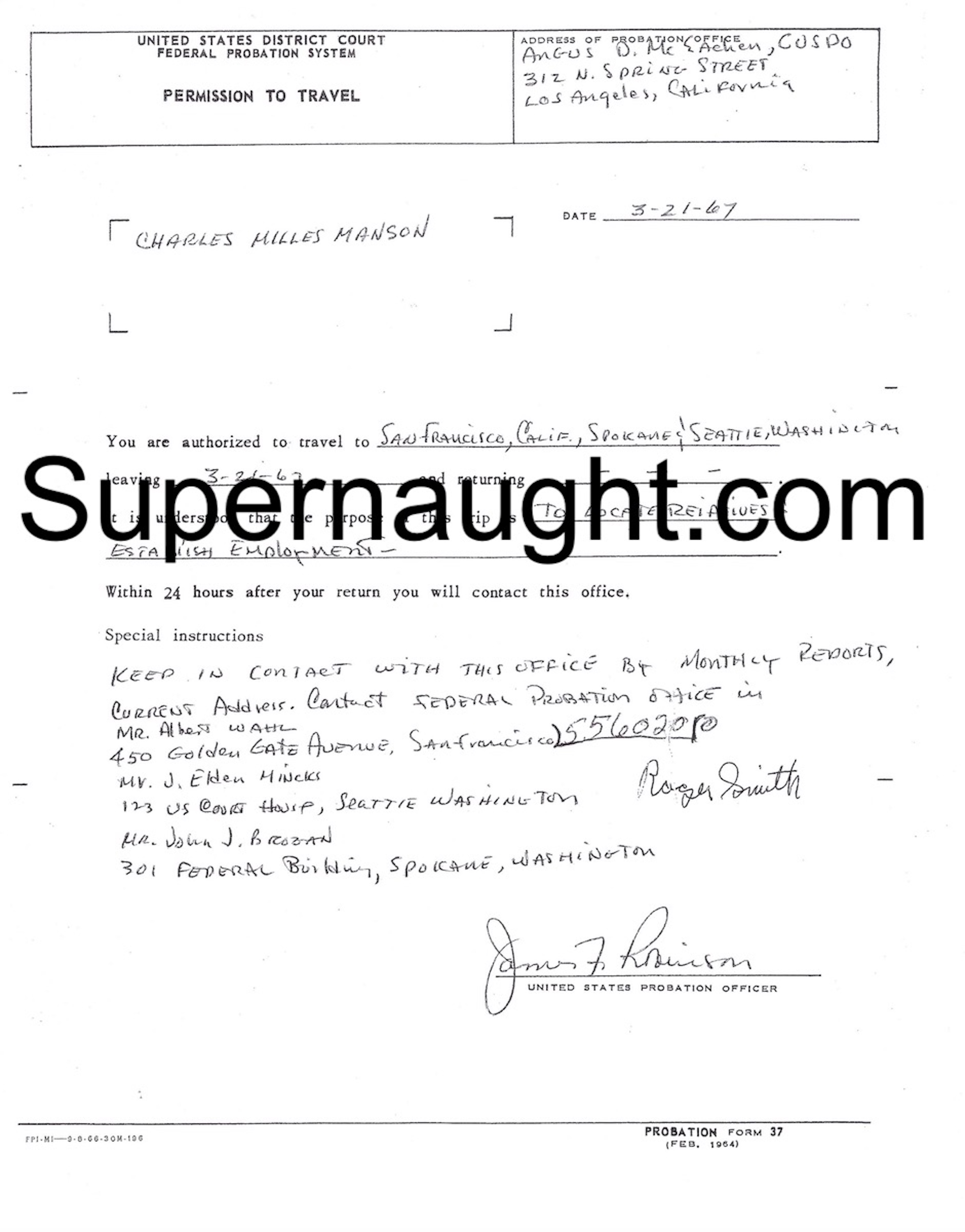 Charles Manson Parole Paperwork March 21, 1967 Replica image 2