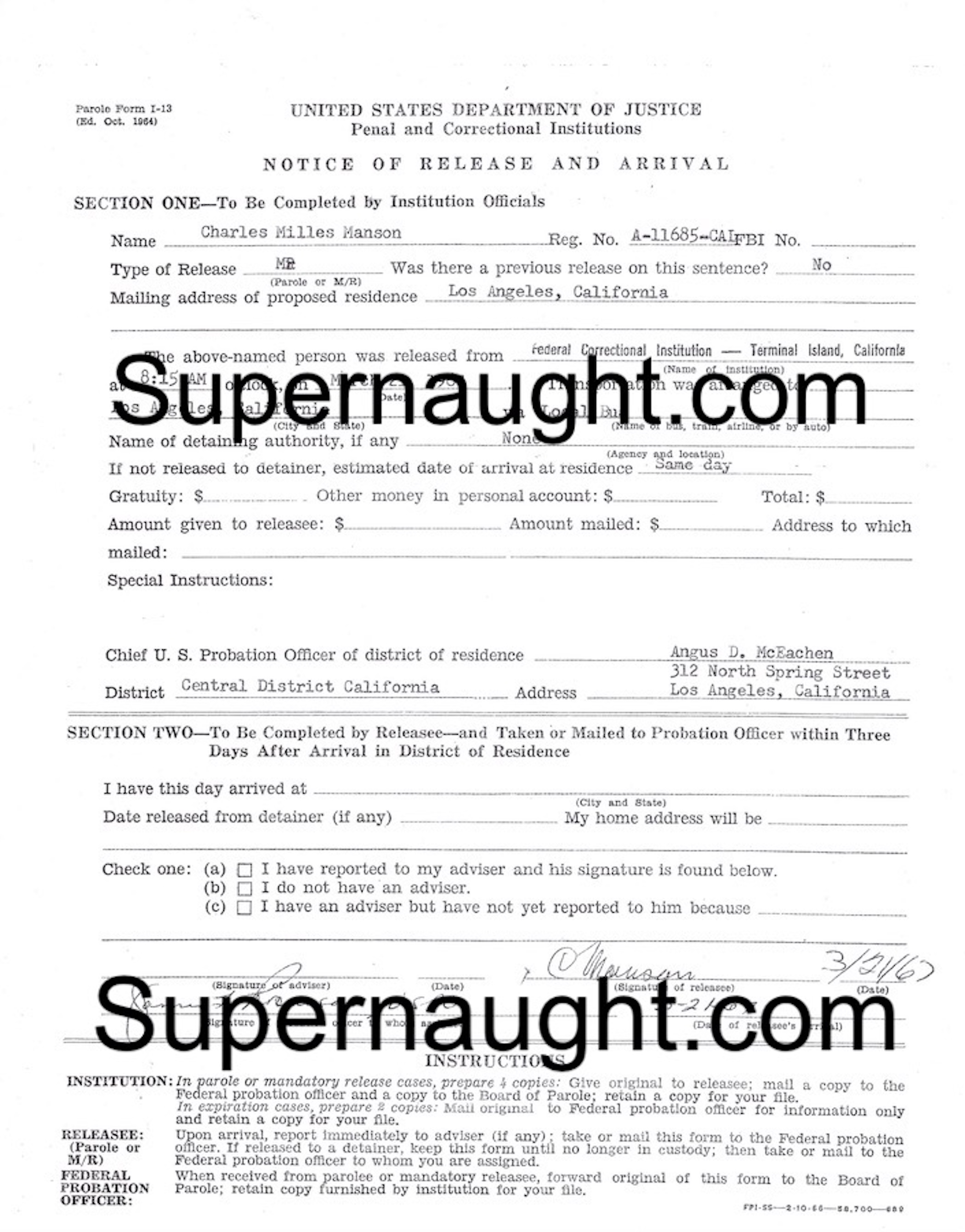 Charles Manson Parole Paperwork March 21, 1967 Replica