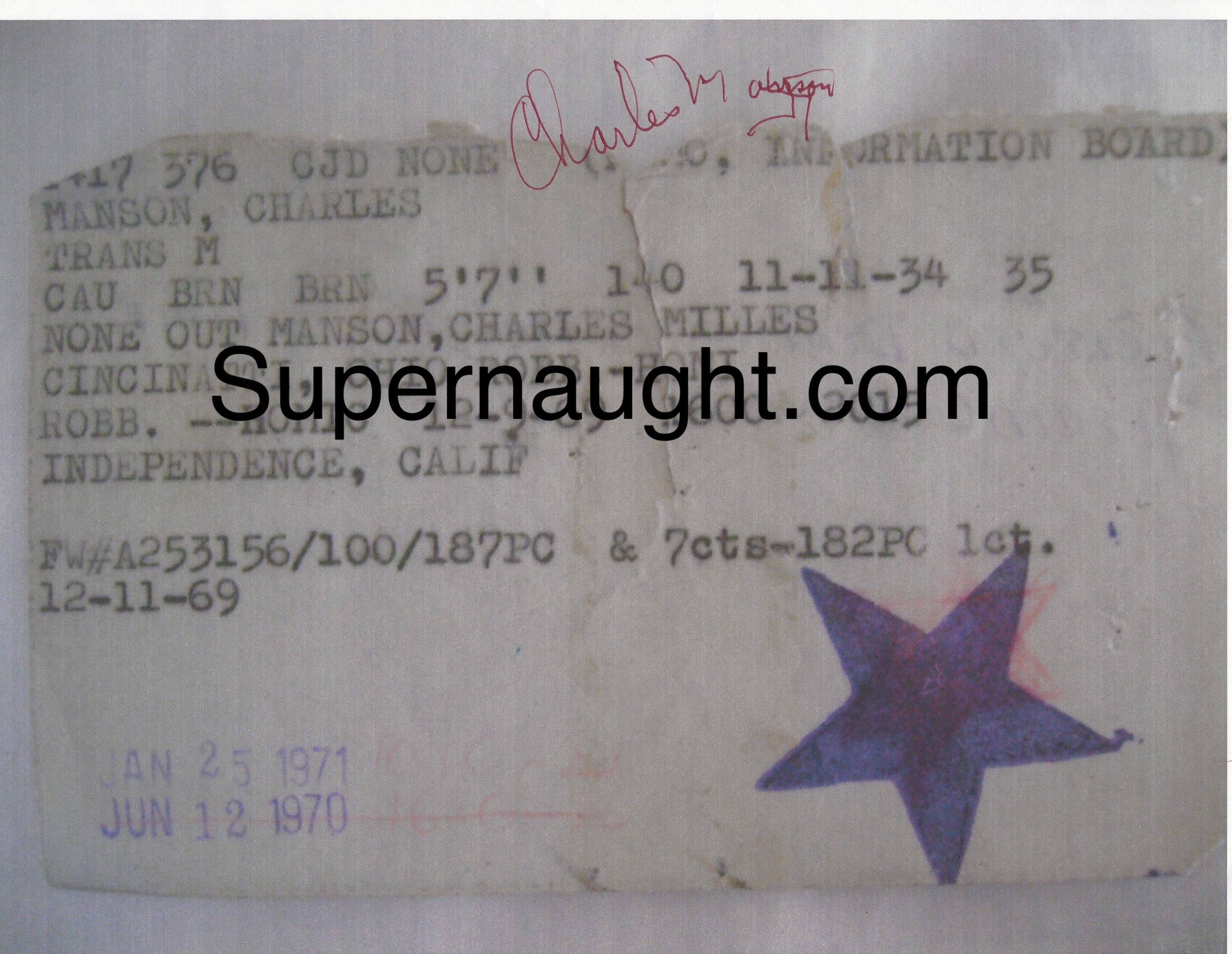 Charles Manson Photo of His 1970-71 Jail ID Signed