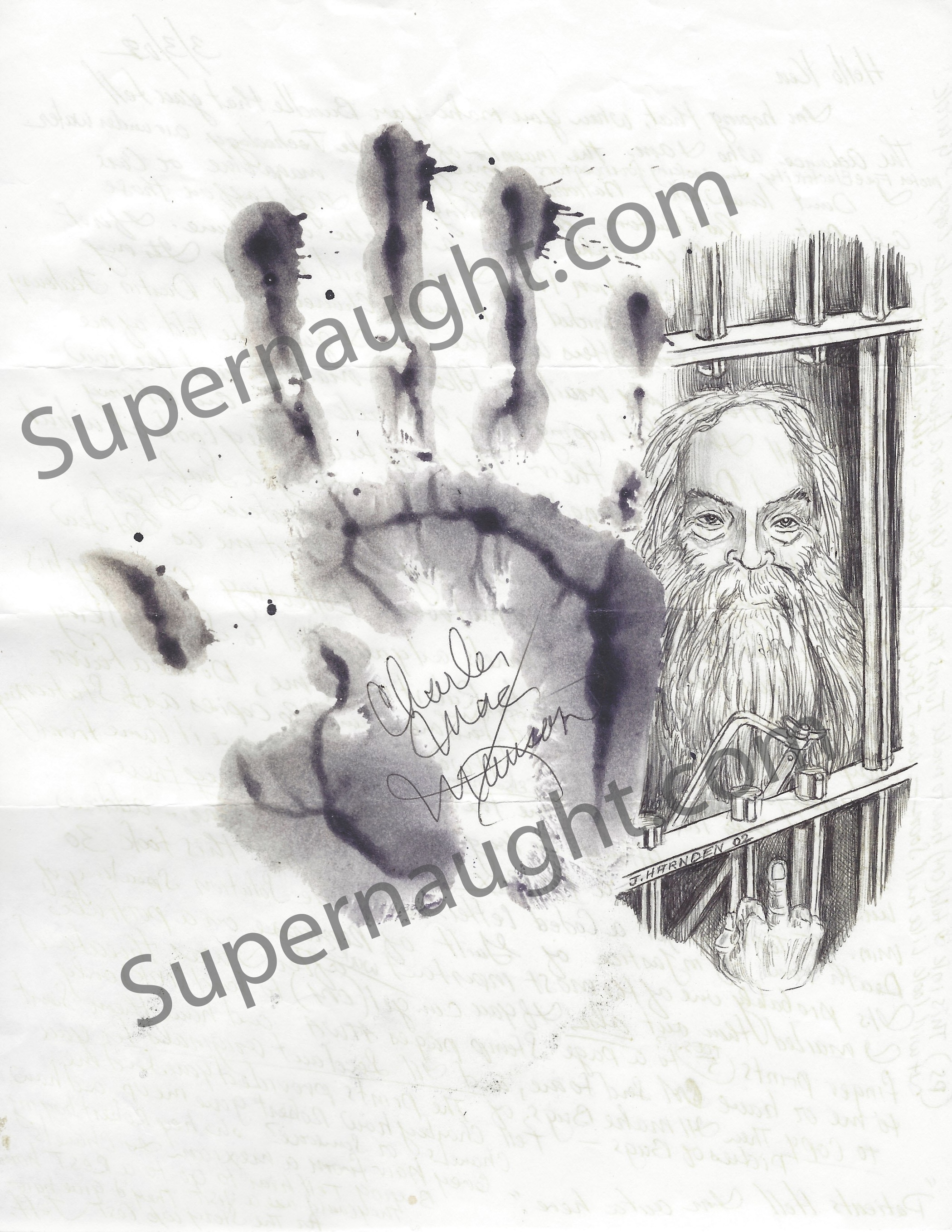 Charles Manson Portrait With Hand Print Signed