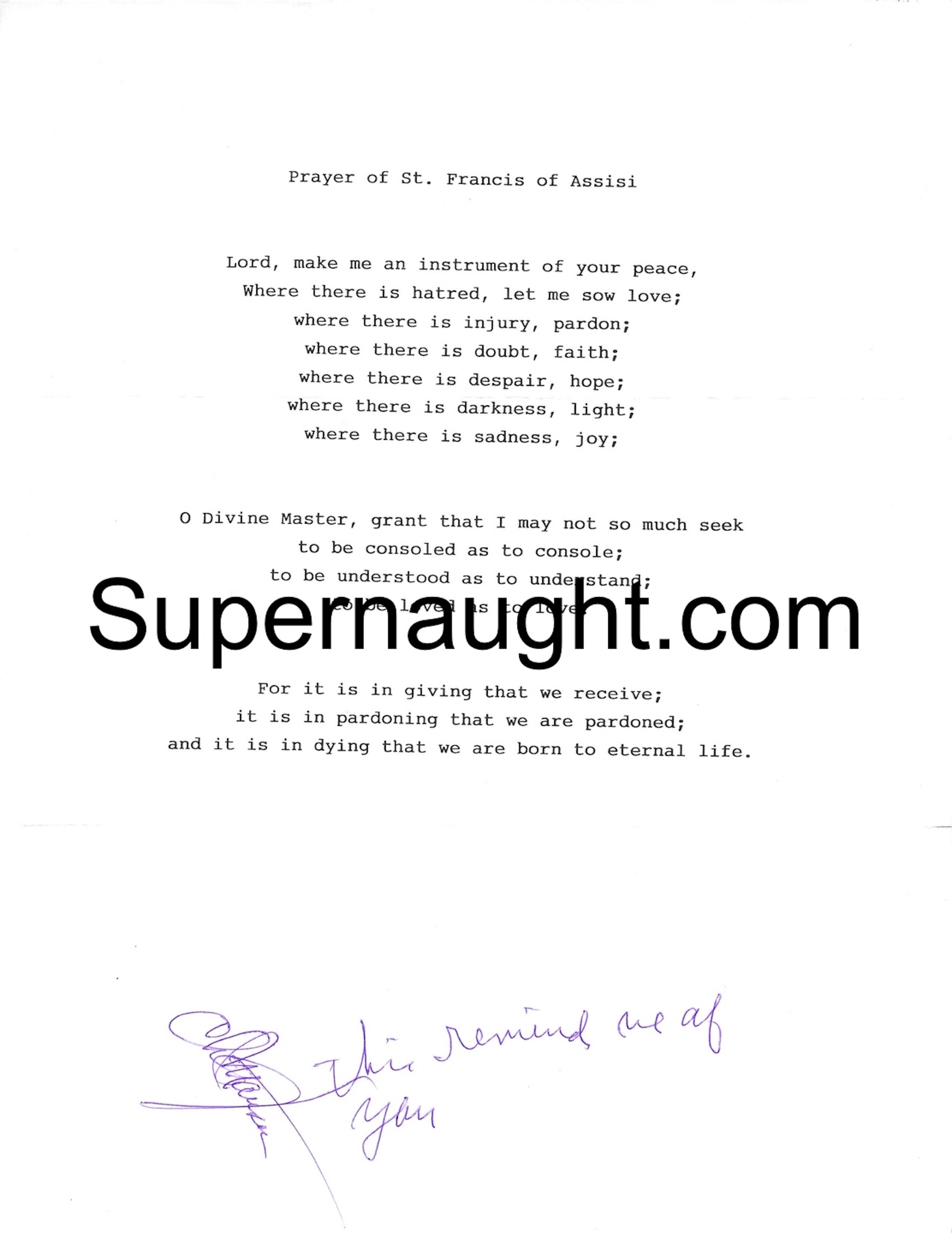 Charles Manson Prayer of St. Francis of Assisi Signed Poem
