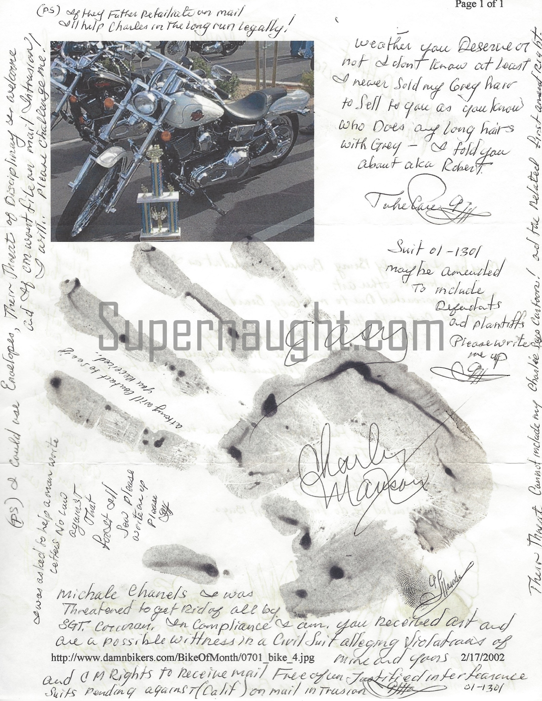 Charles Manson Right Hand Print Signed