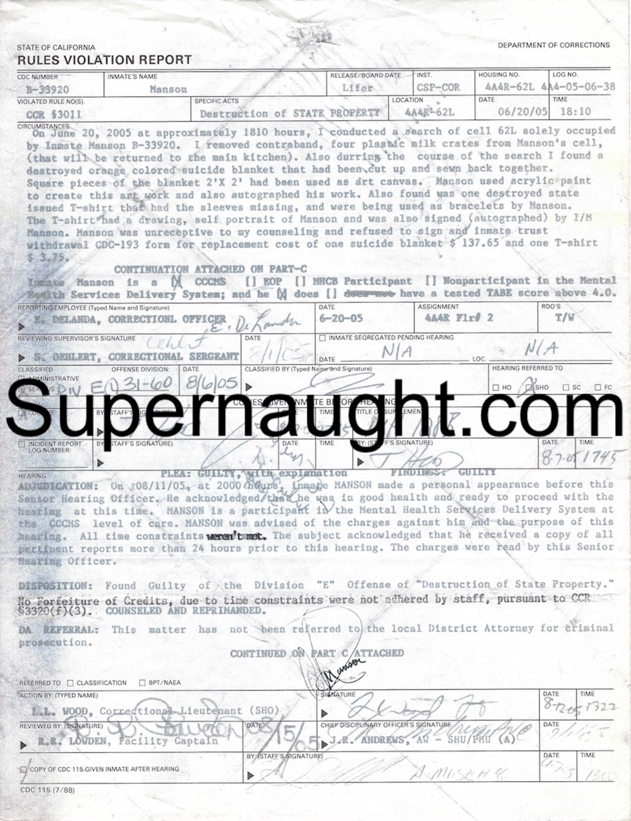 Charles Manson Rules Violation Autographed
