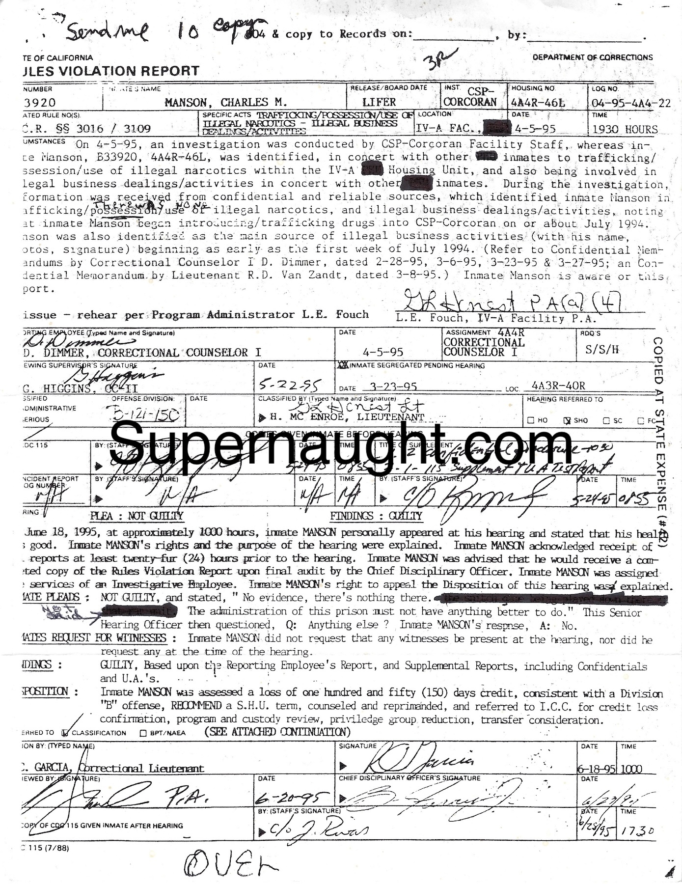 Charles Manson Rules Violation Sent by Charlie