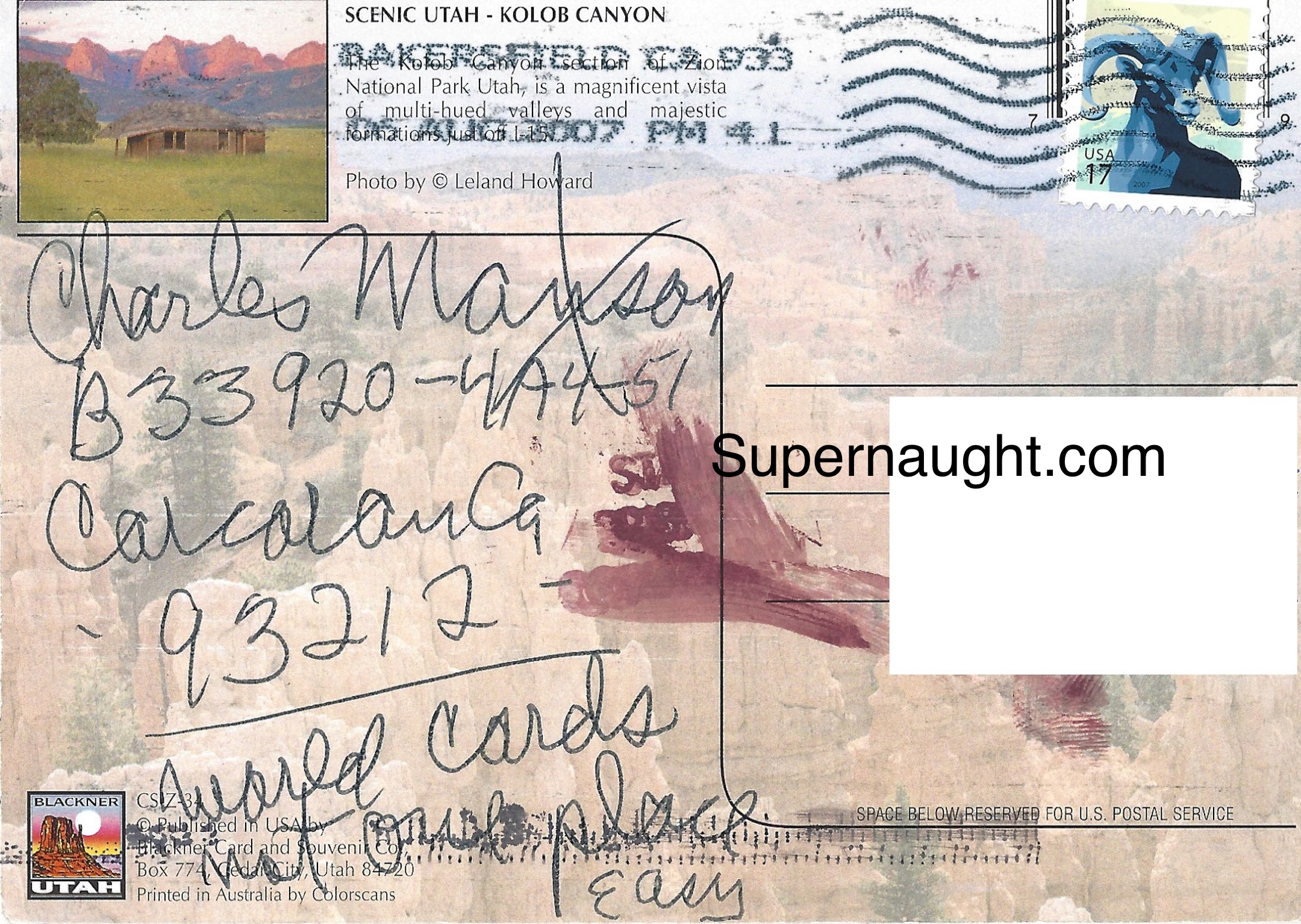 Charles Manson Scenic Utah Postcard Signed