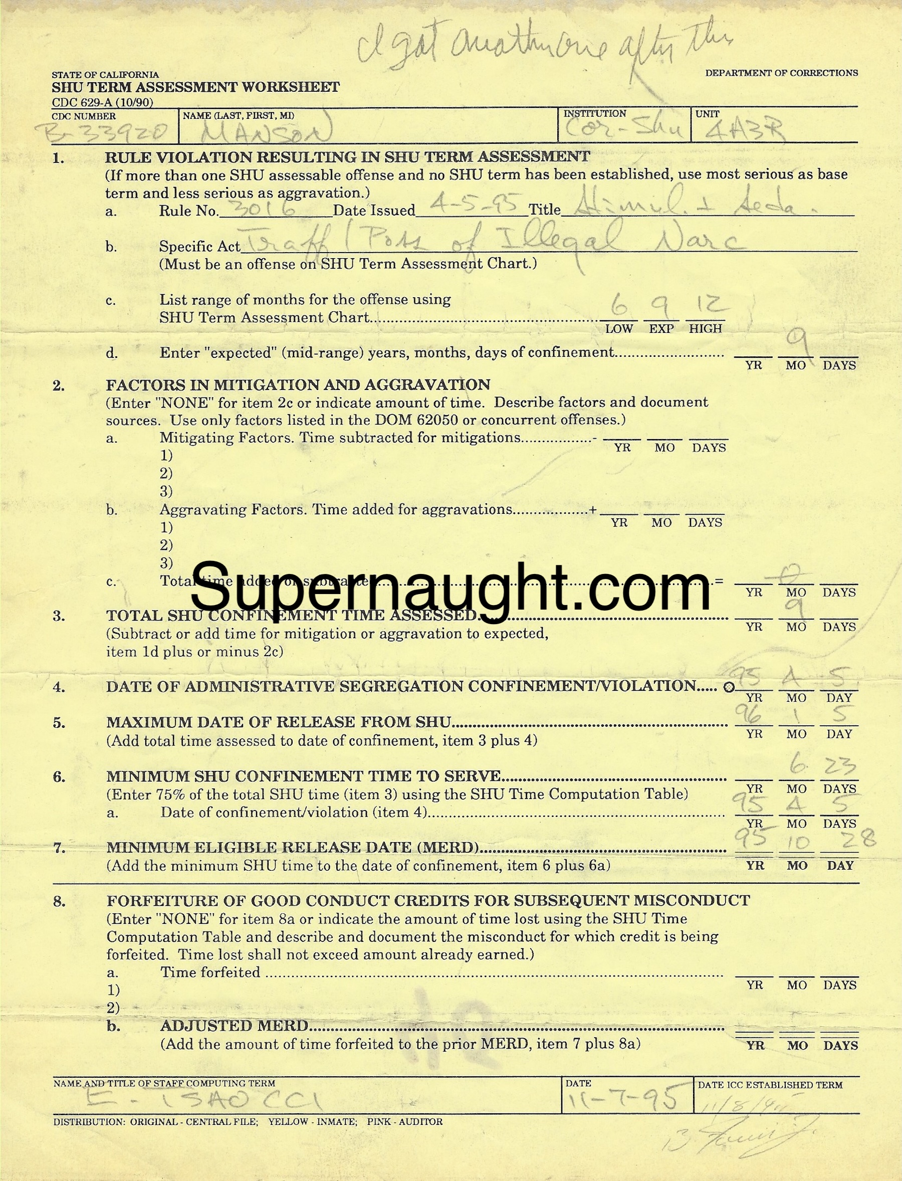 Charles Manson SHU Term Assessment Worksheet Inmate Copy