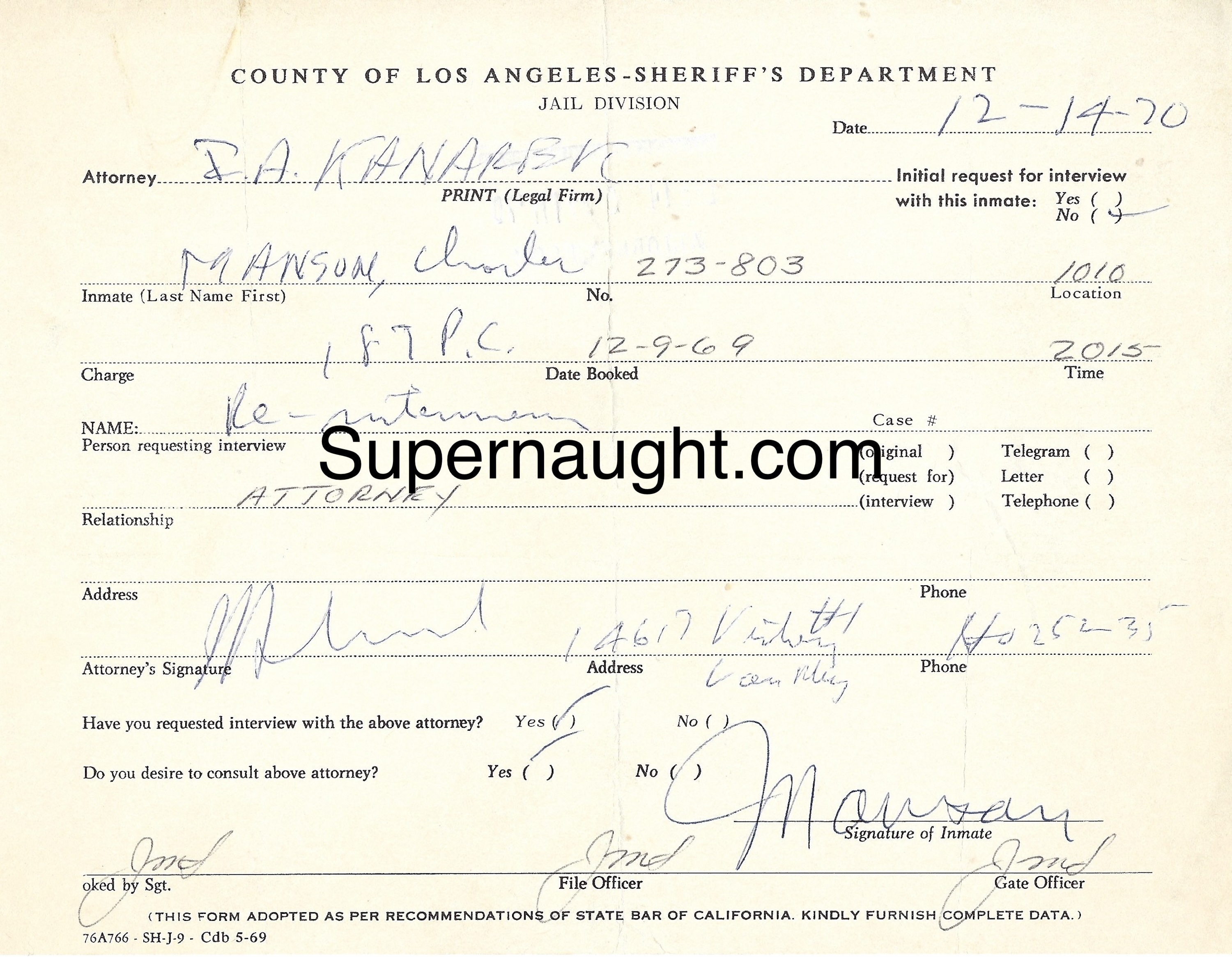 Charles Manson Signed Attorney Visitation 1970
