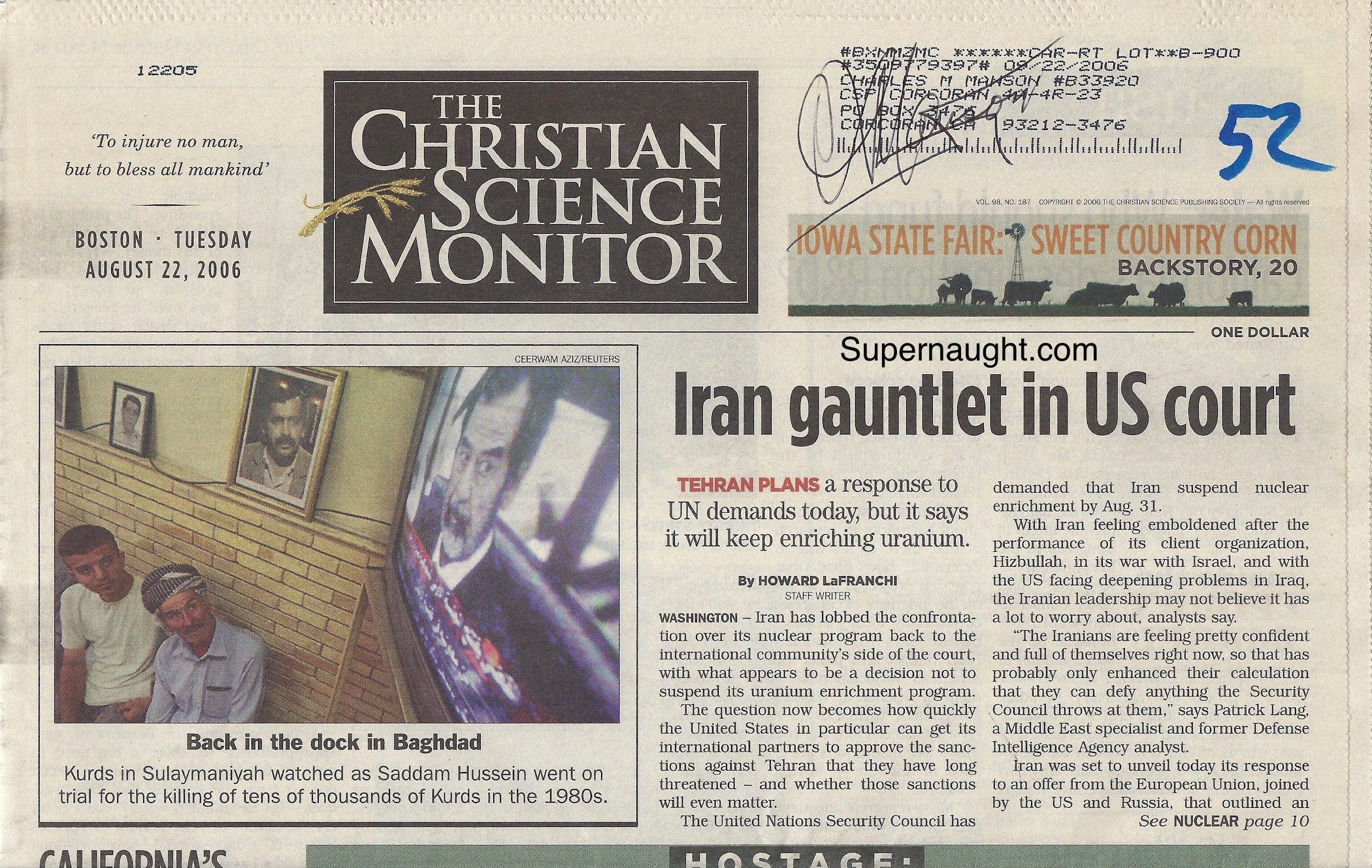 Charles Manson Signed Christian Science Monitor