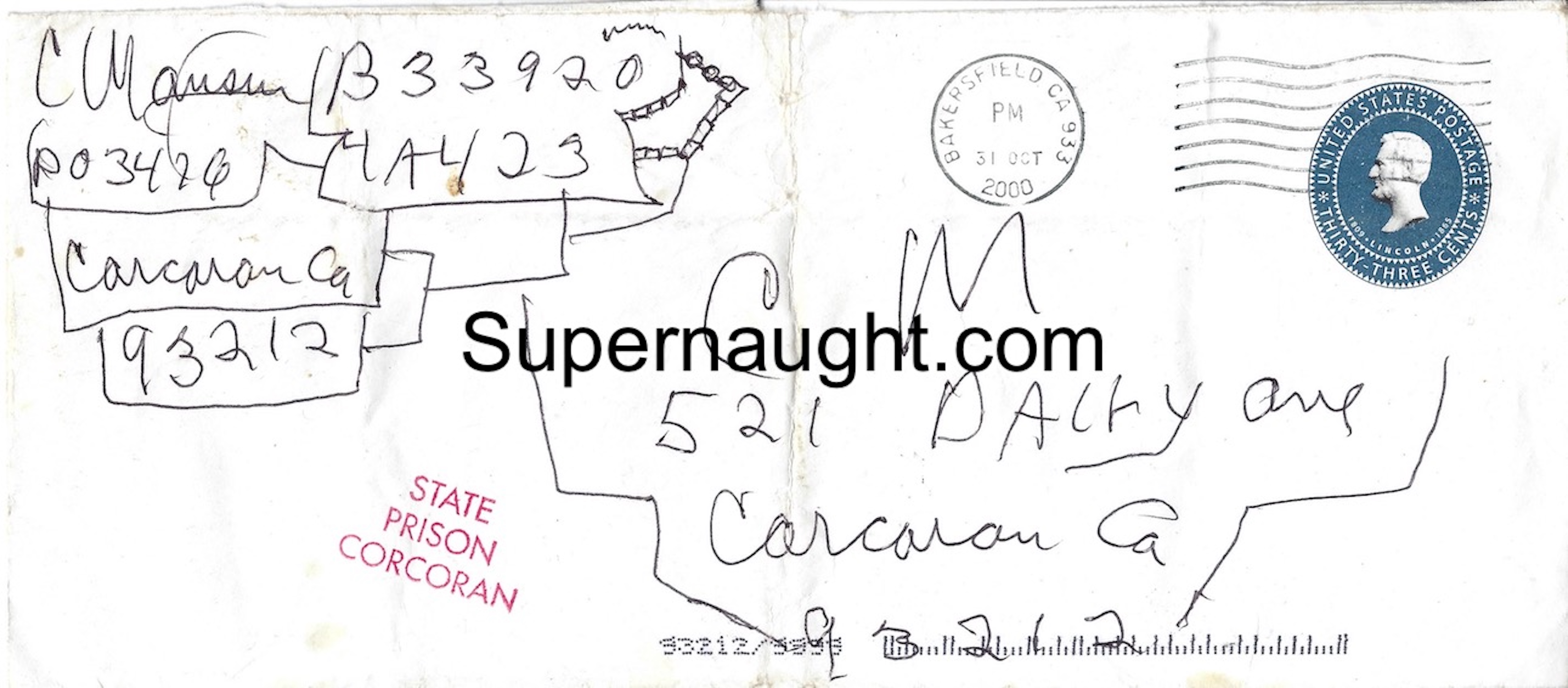 Charles Manson Signed Envelope Addressed to CM Halloween