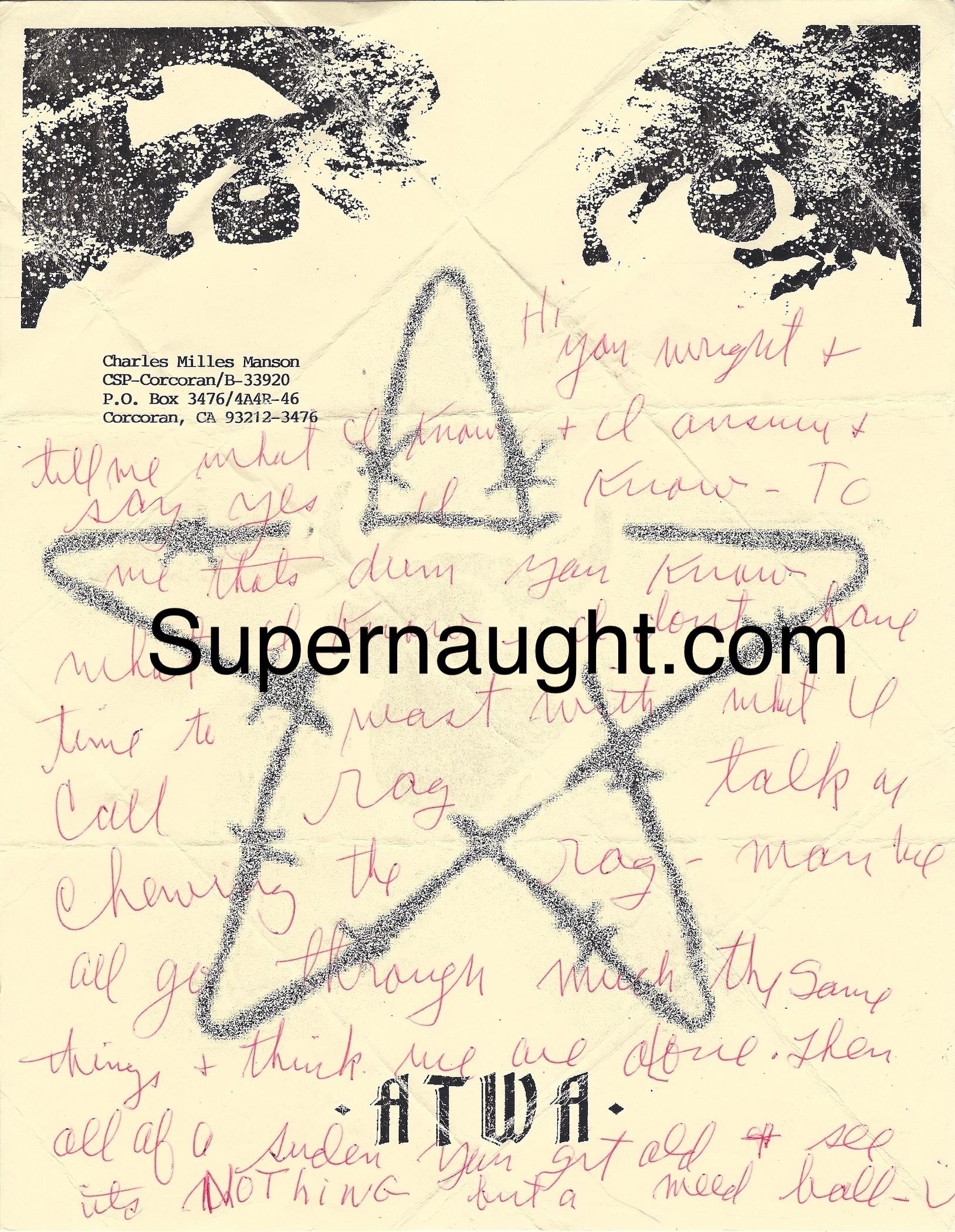 Charles Manson Signed Letter on ATWA Stationary
