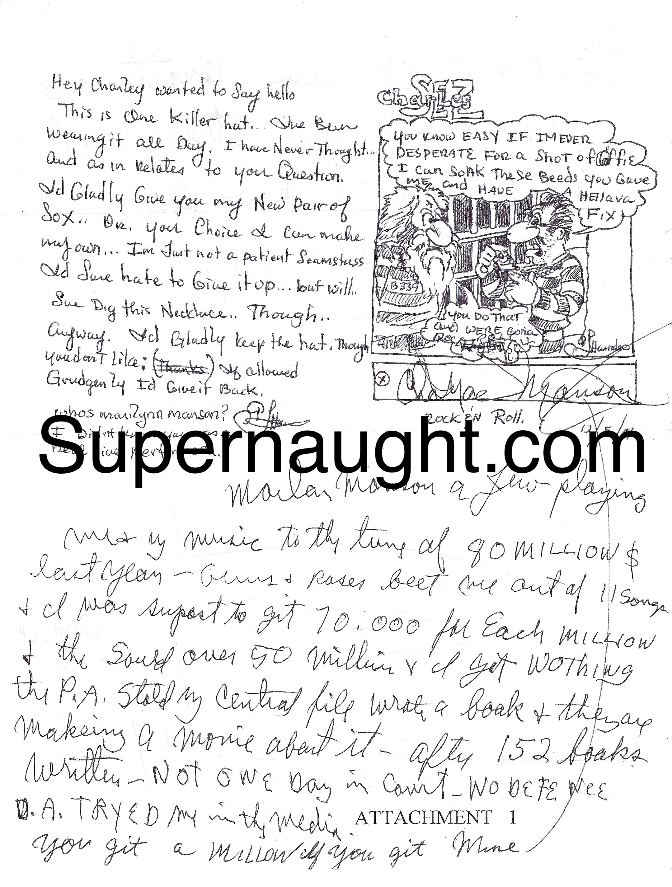 Charles Manson Signed Marilyn Manson Letter With Drawing