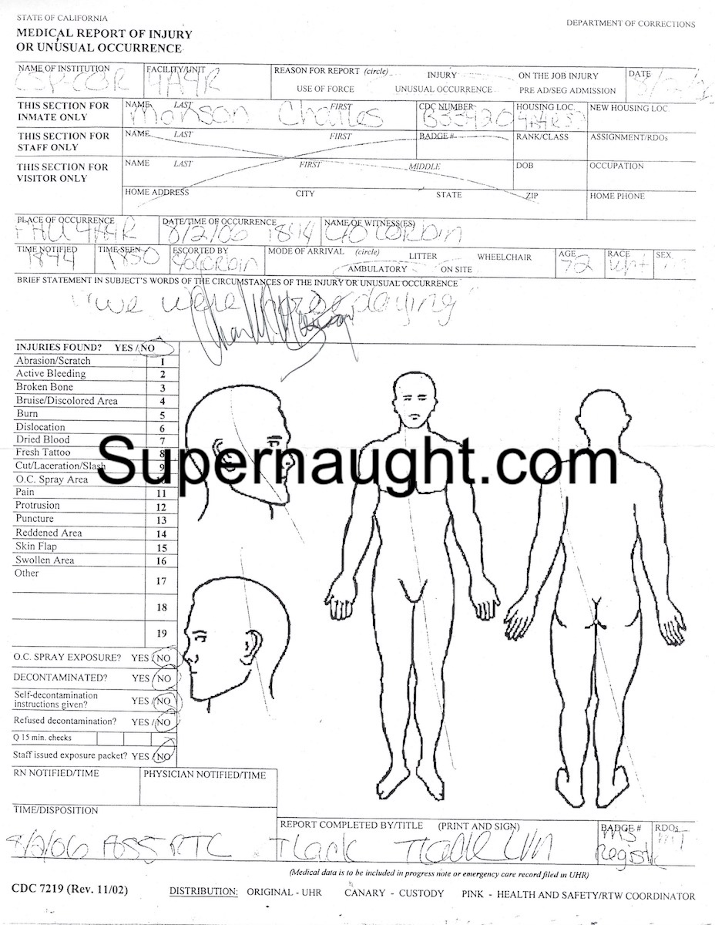 Charles Manson Signed Medical Injury Report