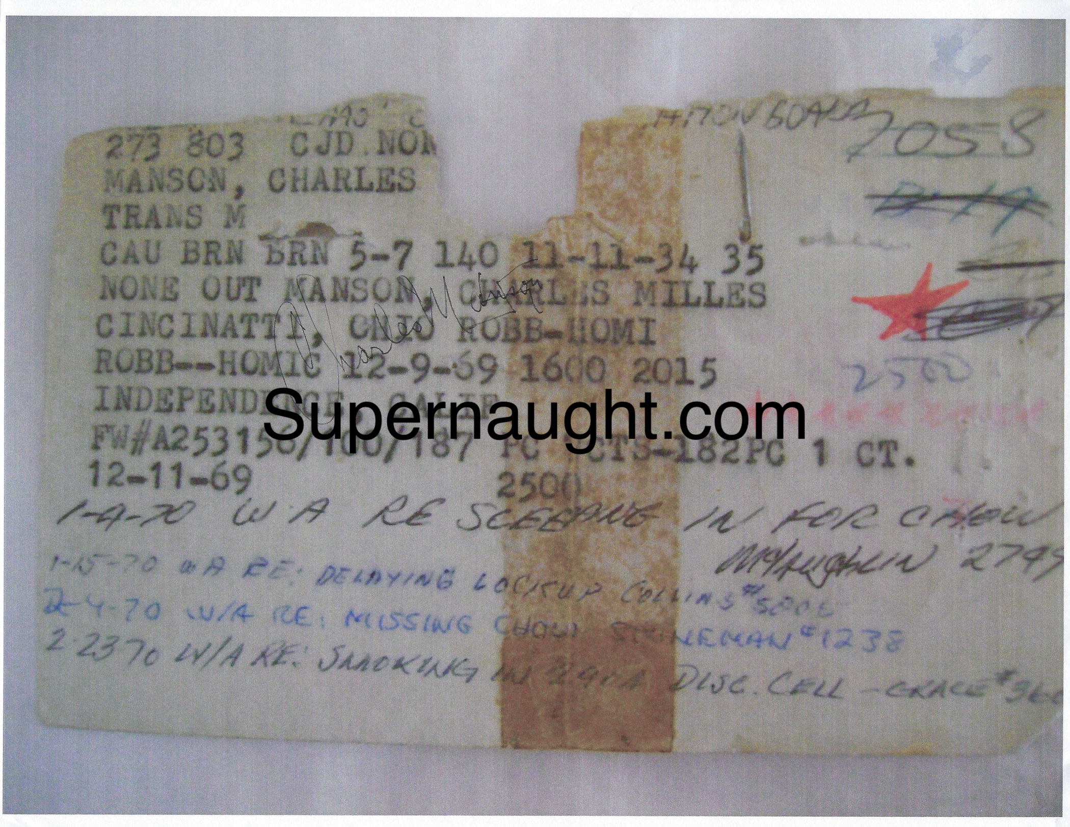 Charles Manson Signed Photo of His 1969 Jail ID