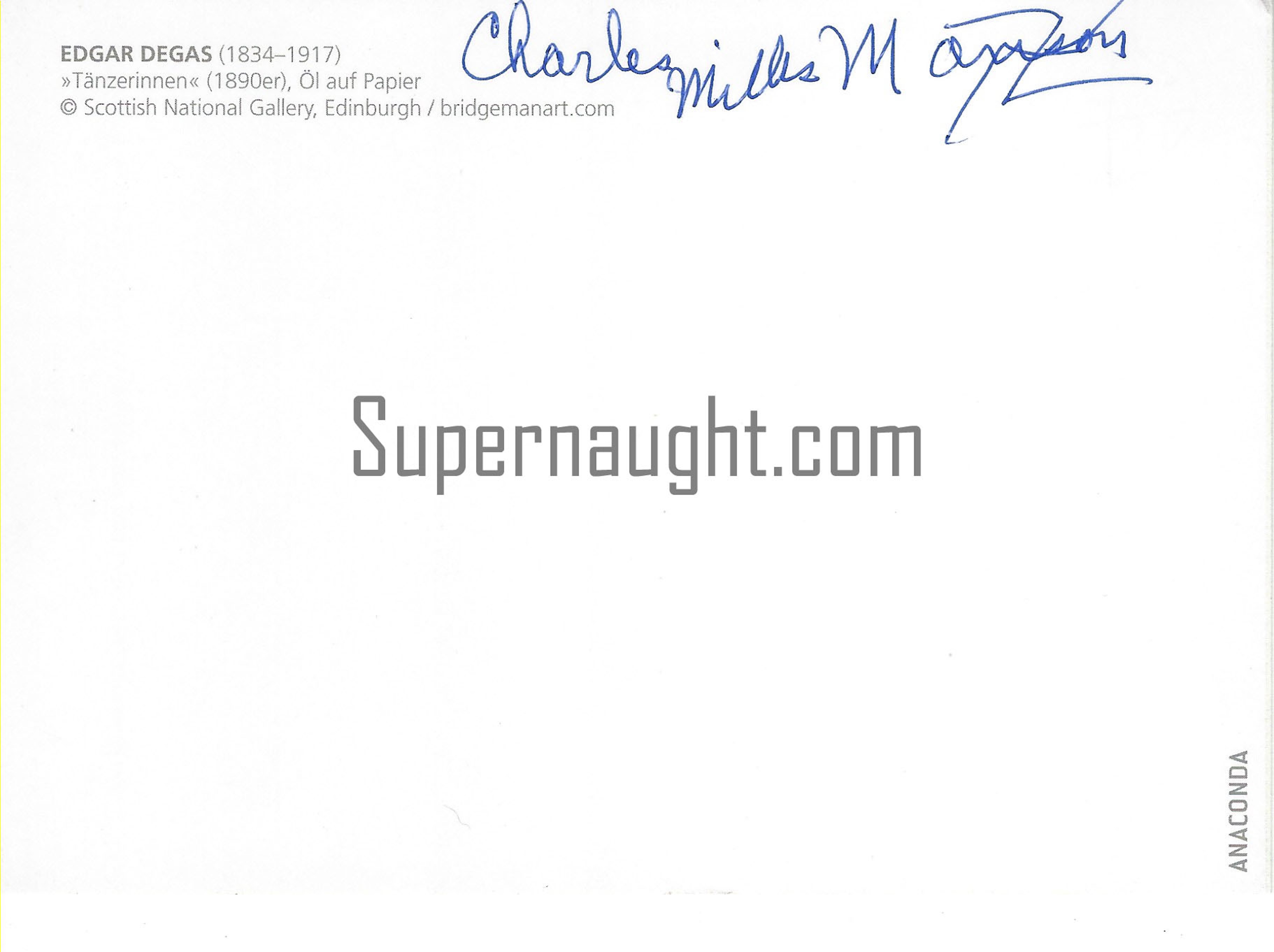 Charles Manson Signed Postcard Edgar Degas