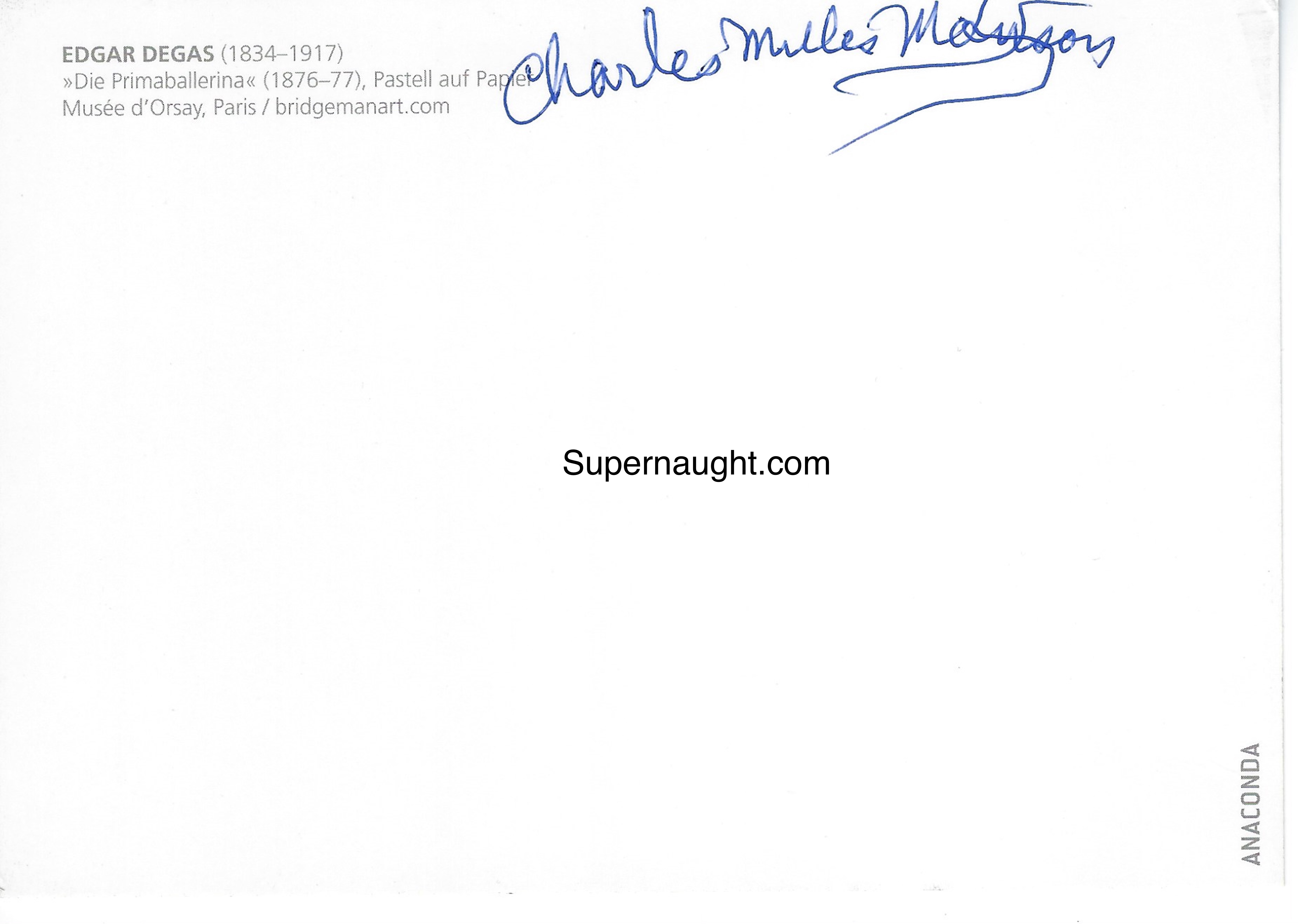 Charles Manson Signed Postcard Painting Edgar Degas