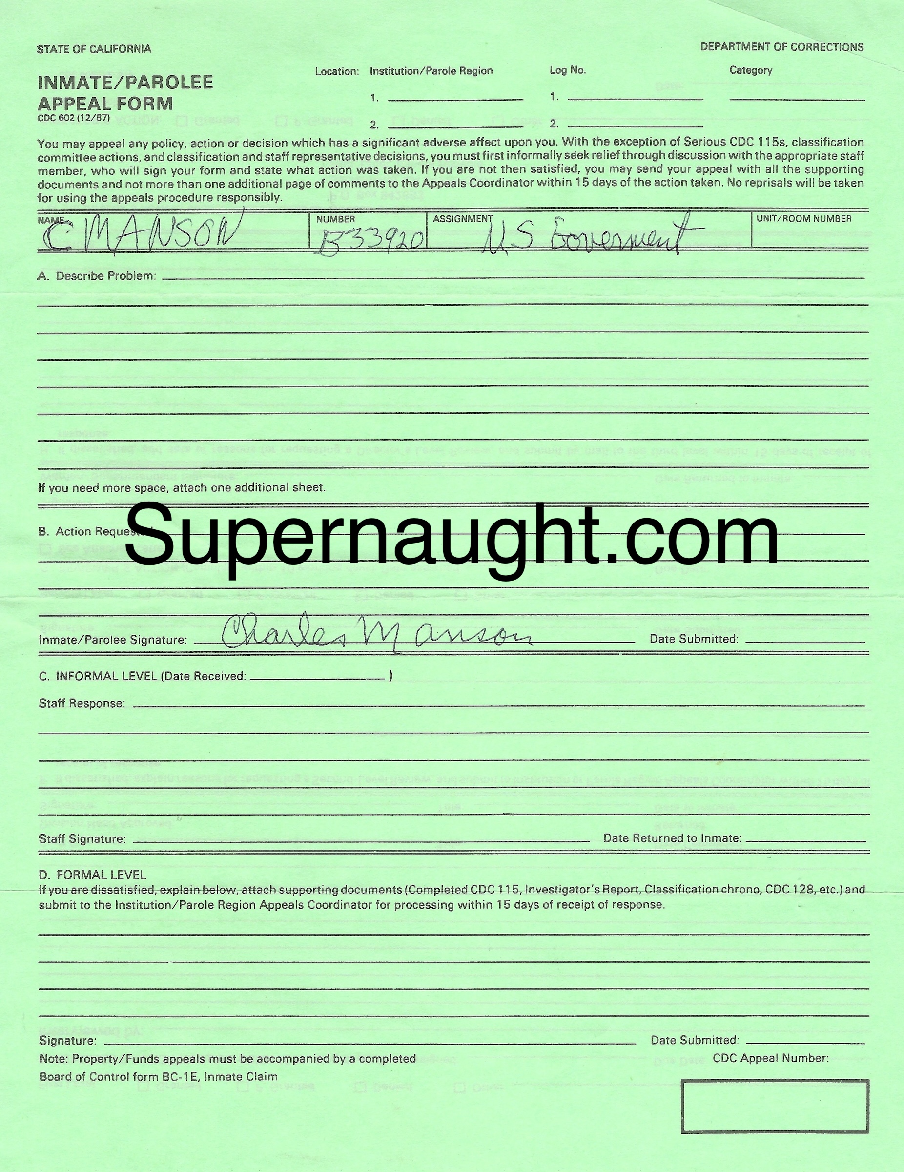 Charles Manson Signed Twice Inmate Appeal Form