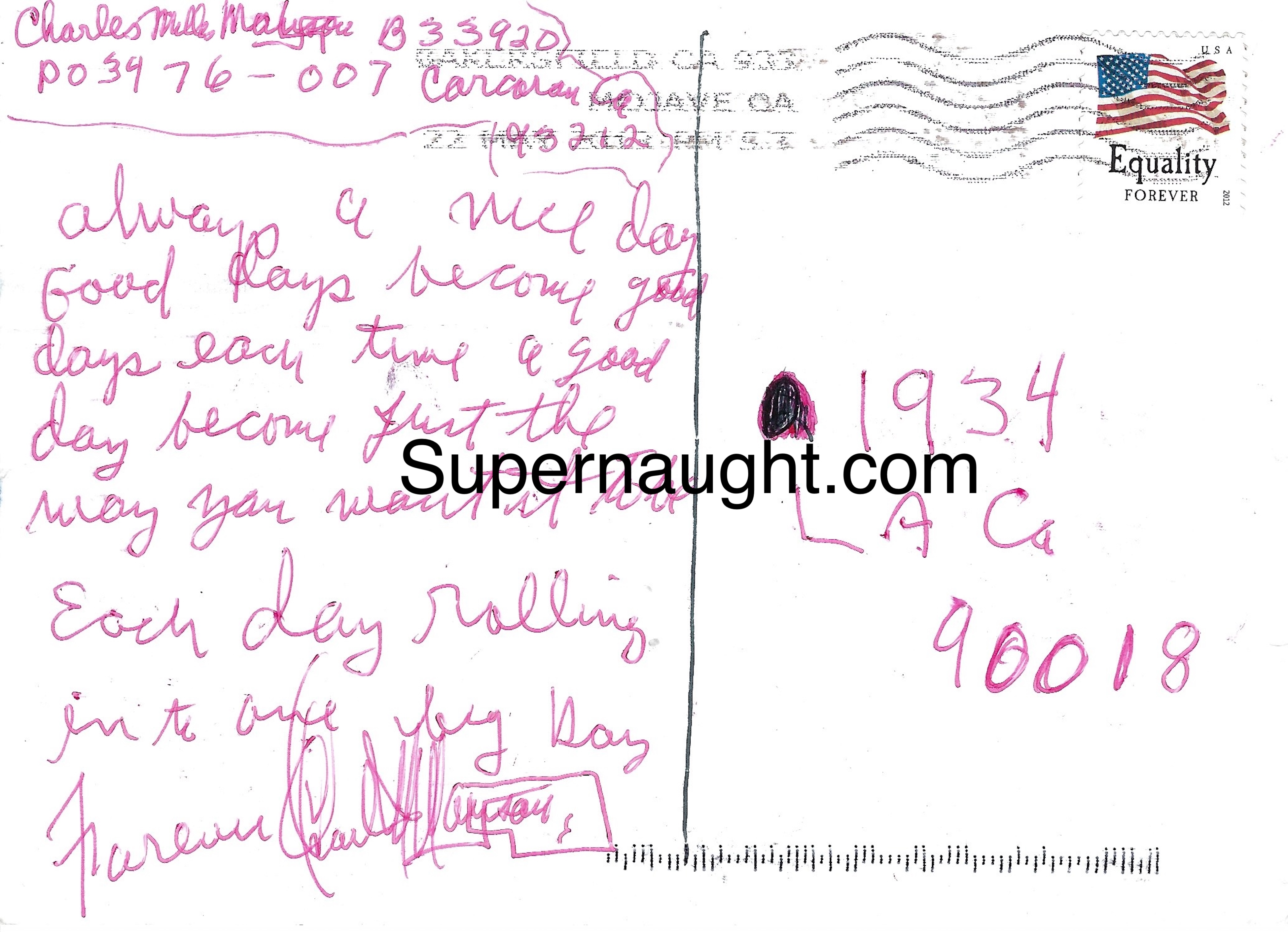 Charles Manson Skull Crossbones Postcard Signed Twice