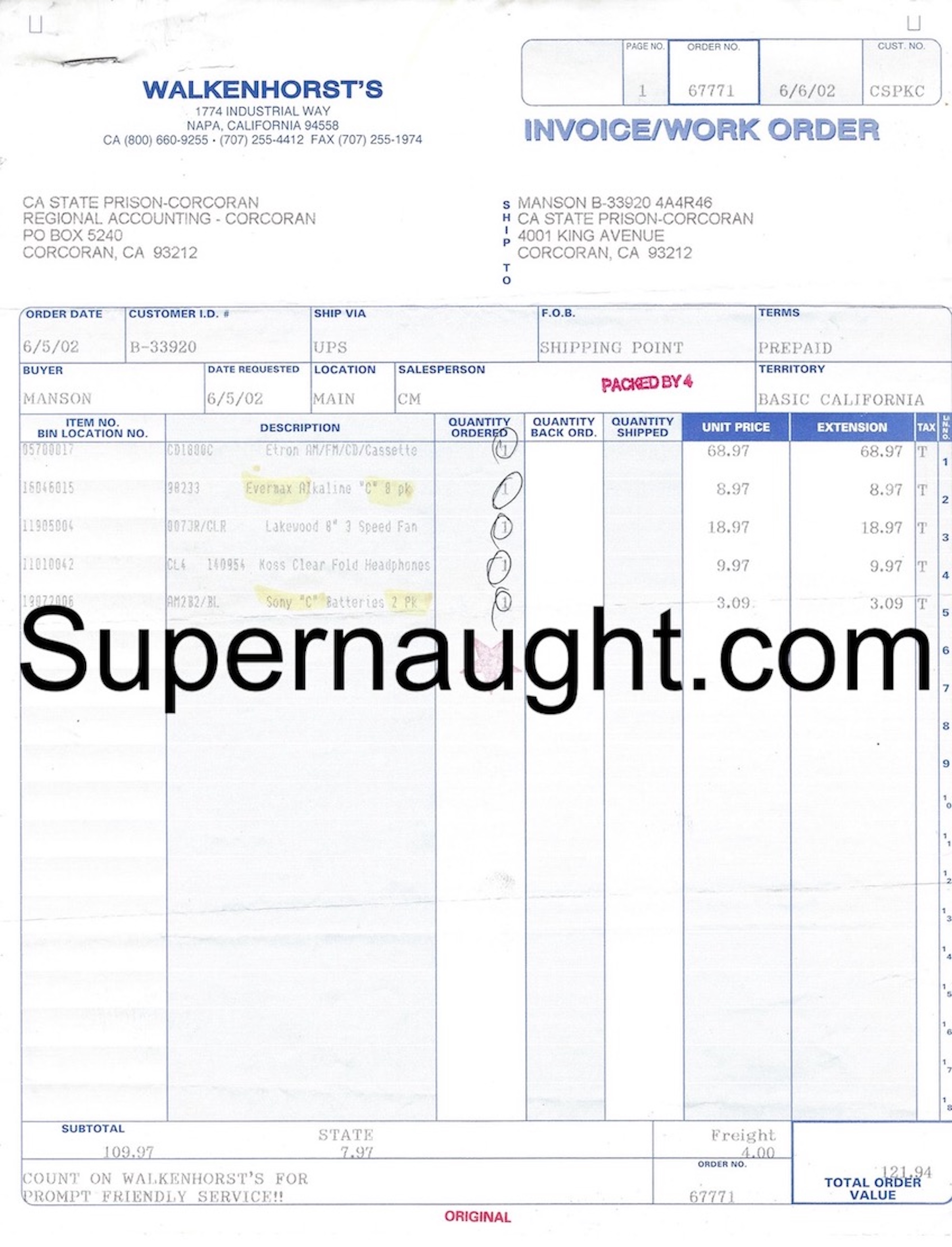 Charles Manson Walkenhorst's Invoice Work Order