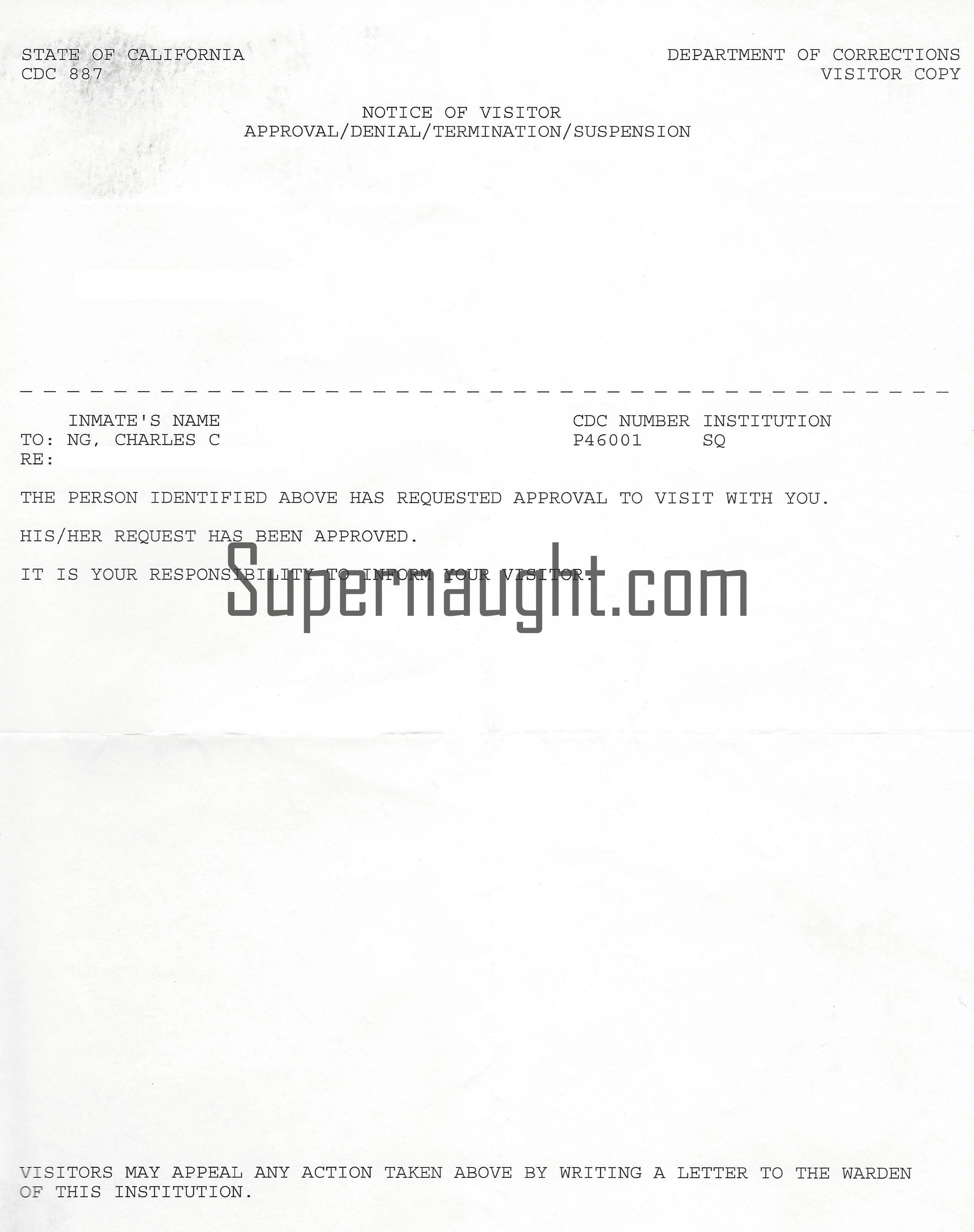 Charles Ng Notice Of Approved Visitor