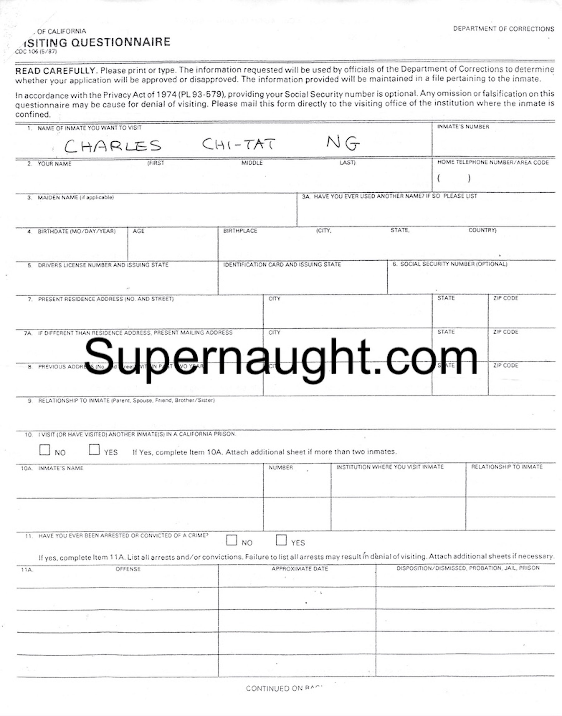 Charles Ng Signed Visiting Questionnaire