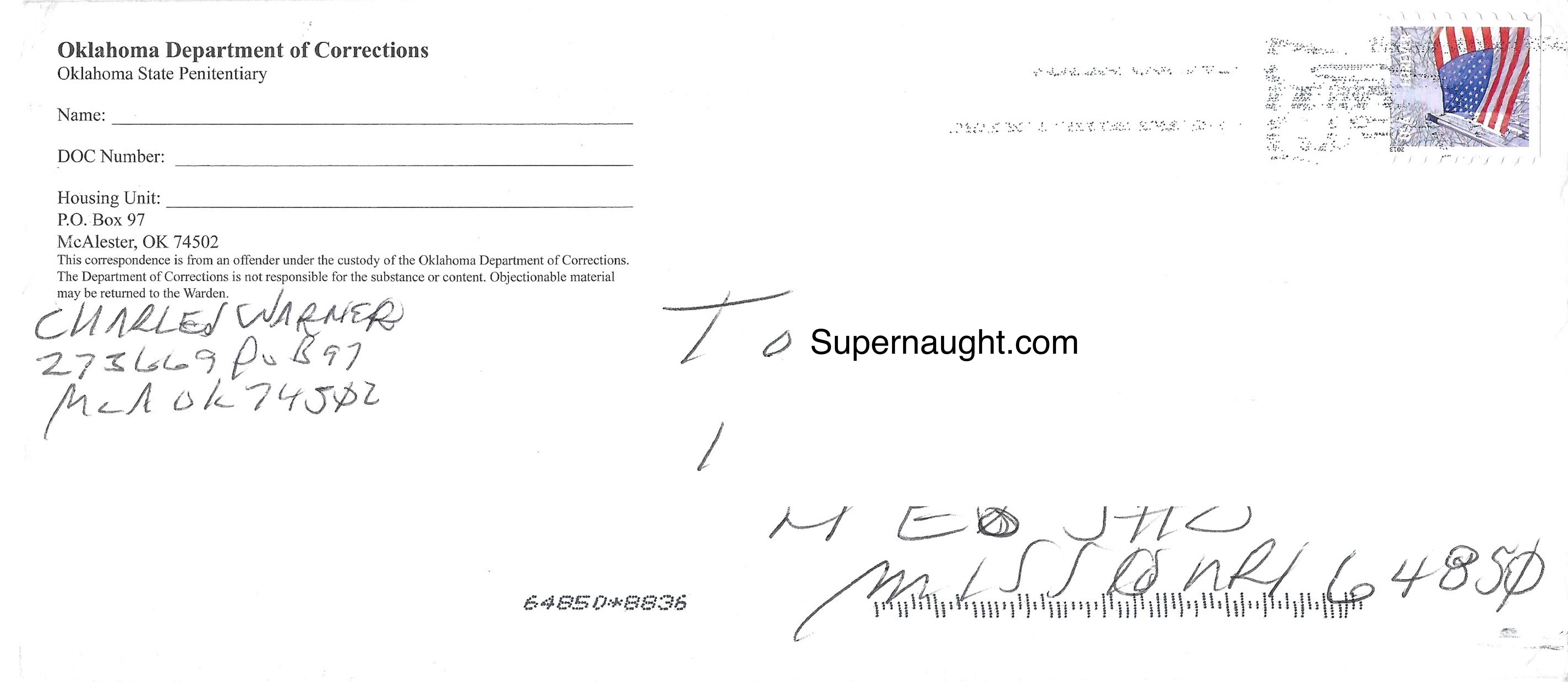 Charles Warner Letter and Envelope Both Signed Executed Wrong Drugs image 3