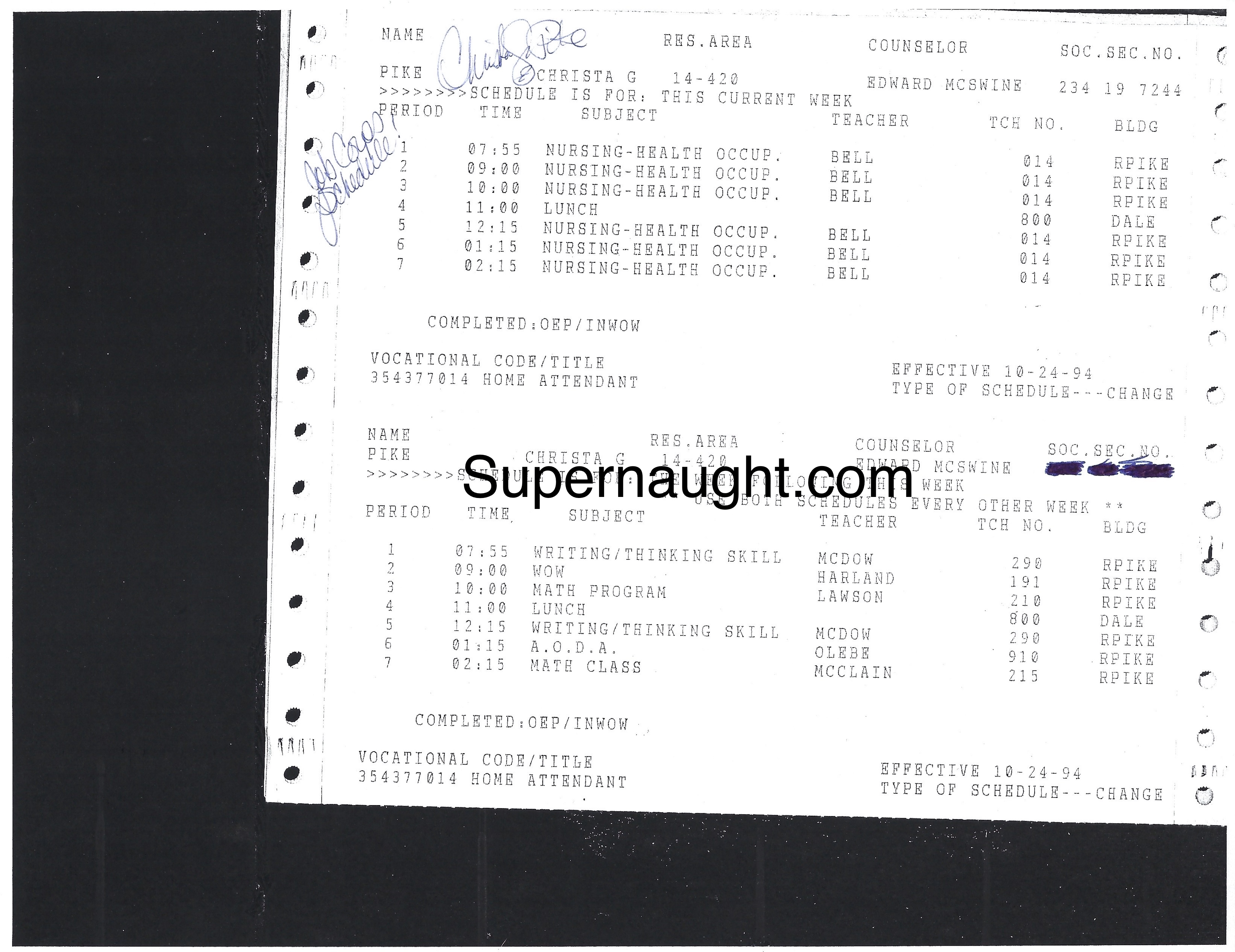 Christa Pike 1994 Job Corp Schedule Signed