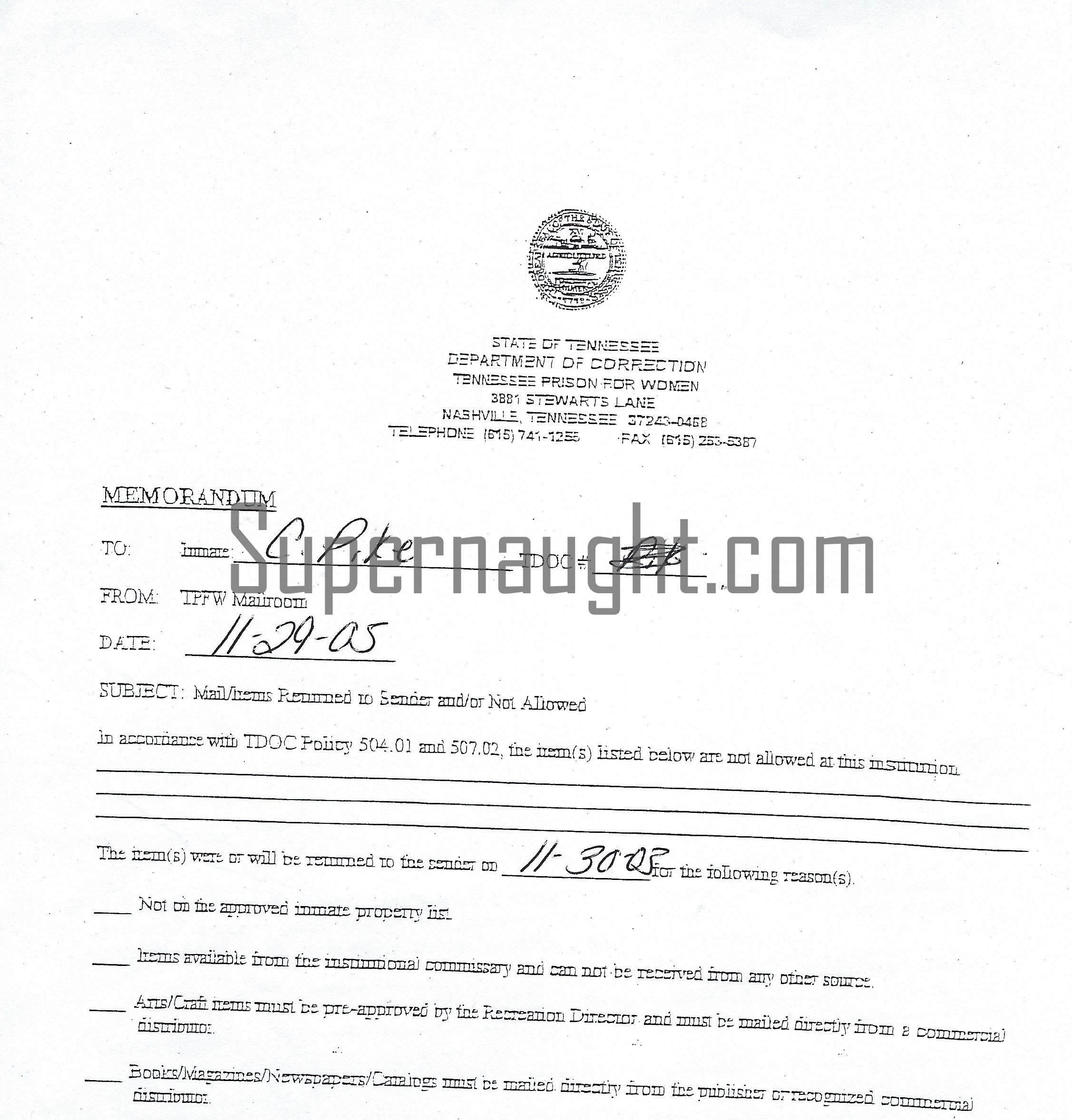 Christa Pike 2005 Prison Memo