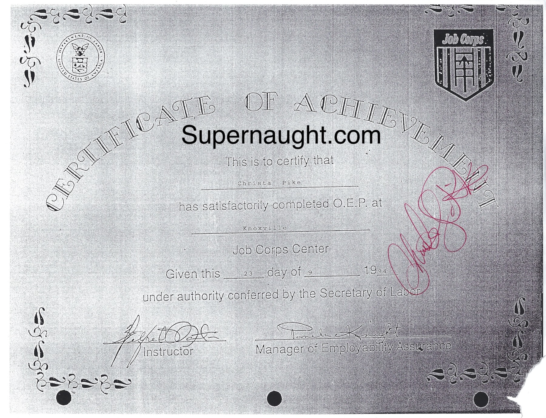 Christa Pike Job Corp Certificate of Achievement Signed