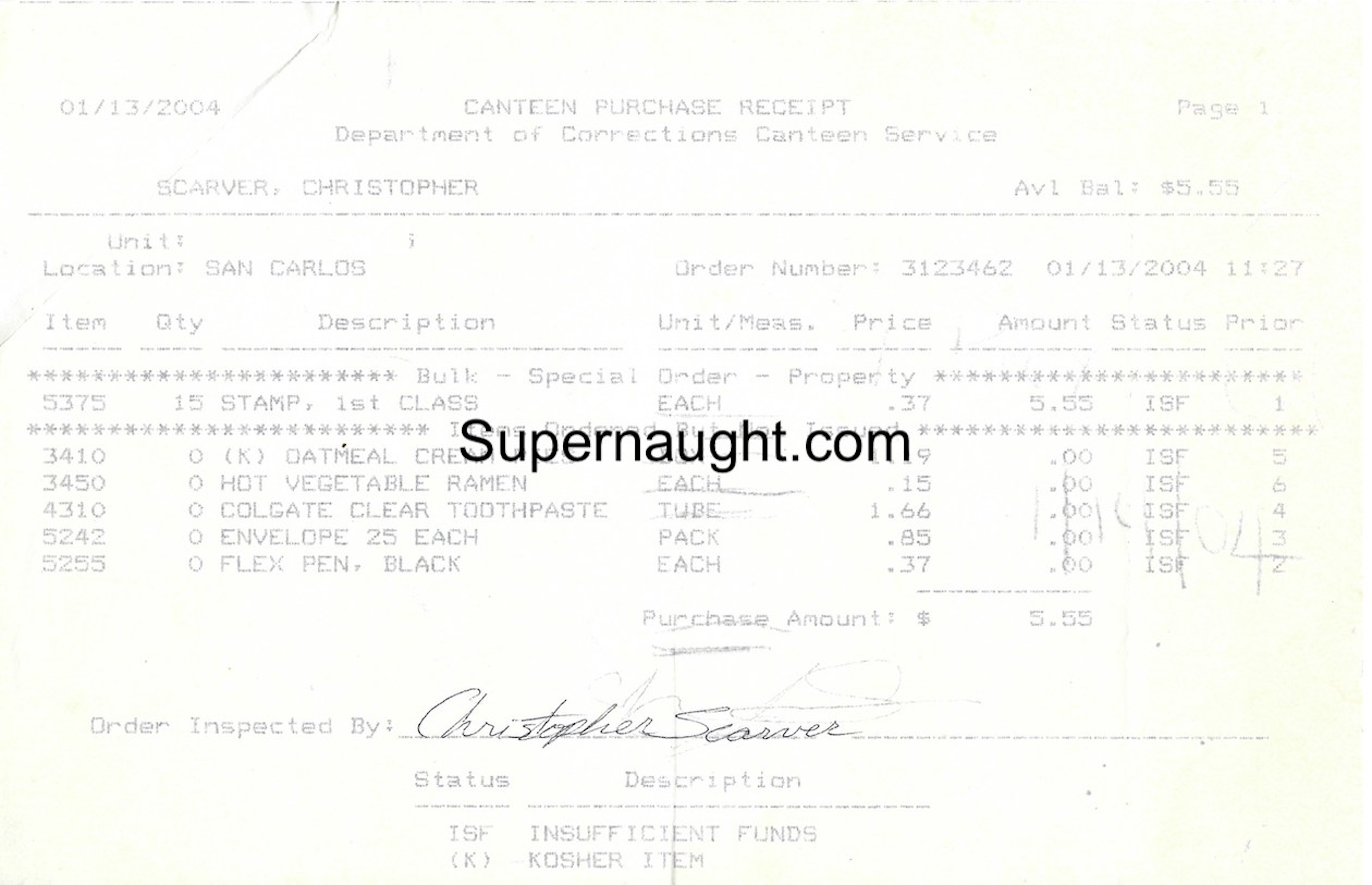 Christopher Scarver Signed Receipt