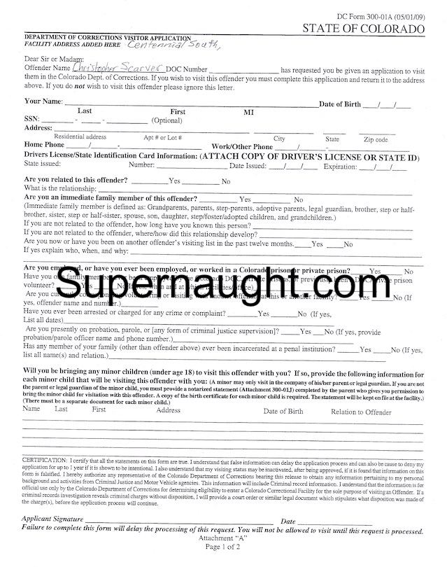 Christopher Scarver Signed Visiting Application