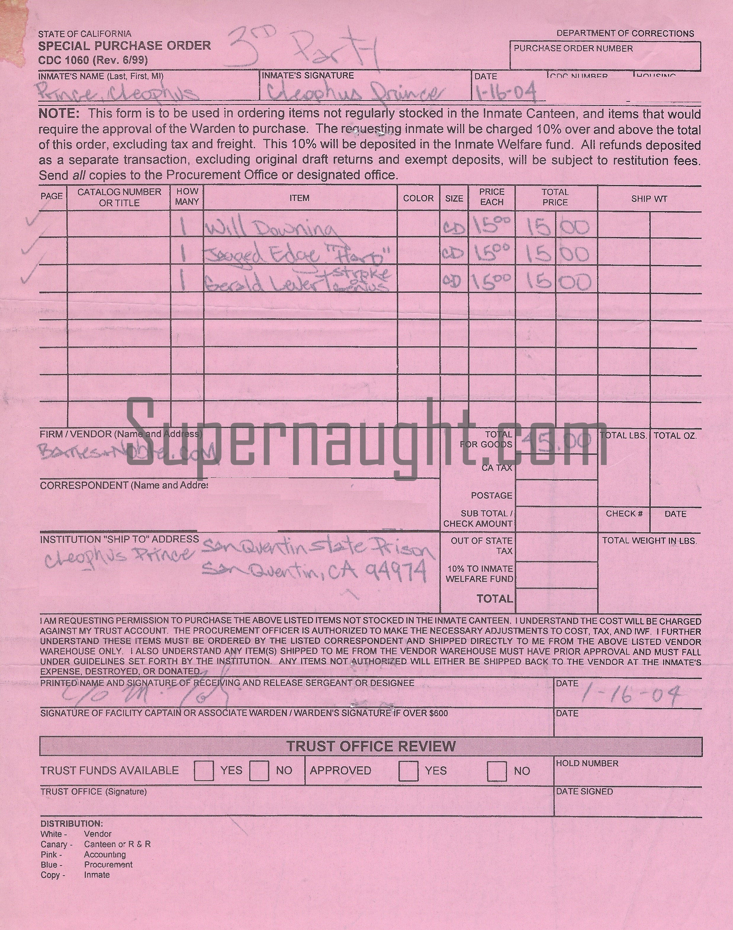 Cleophus Prince Jr. Special Purchase Order