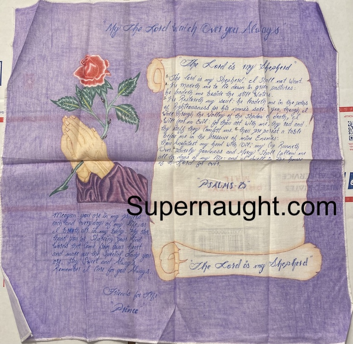 Cleophus Prince Signed Rose Praying Hands Scroll Handkerchief Artwork