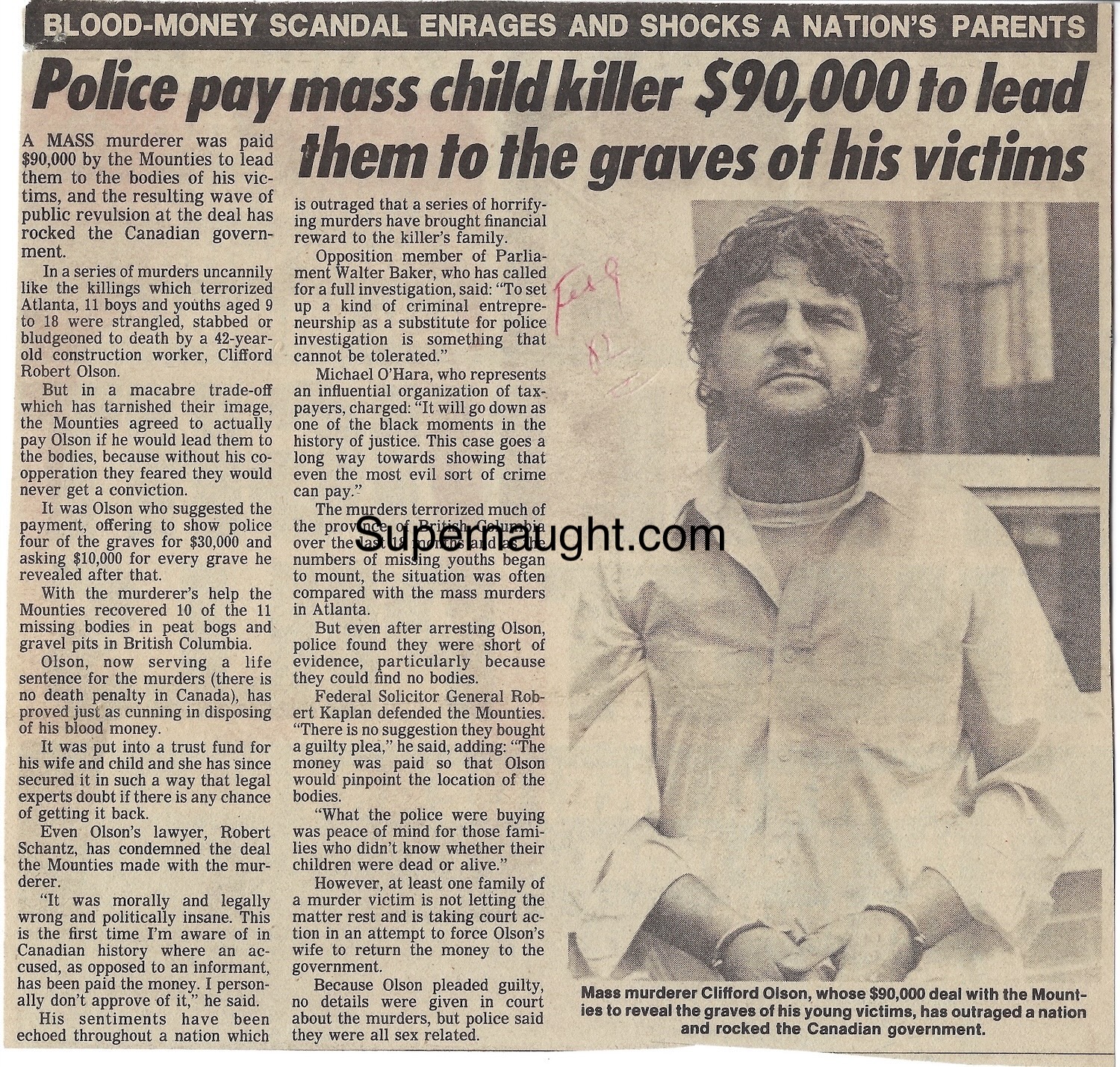 Clifford Olson 1982 Star Article Sent to Friend