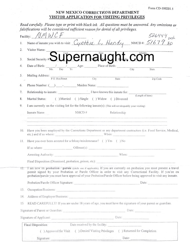 Cynthia Hendy Signed Visiting Application