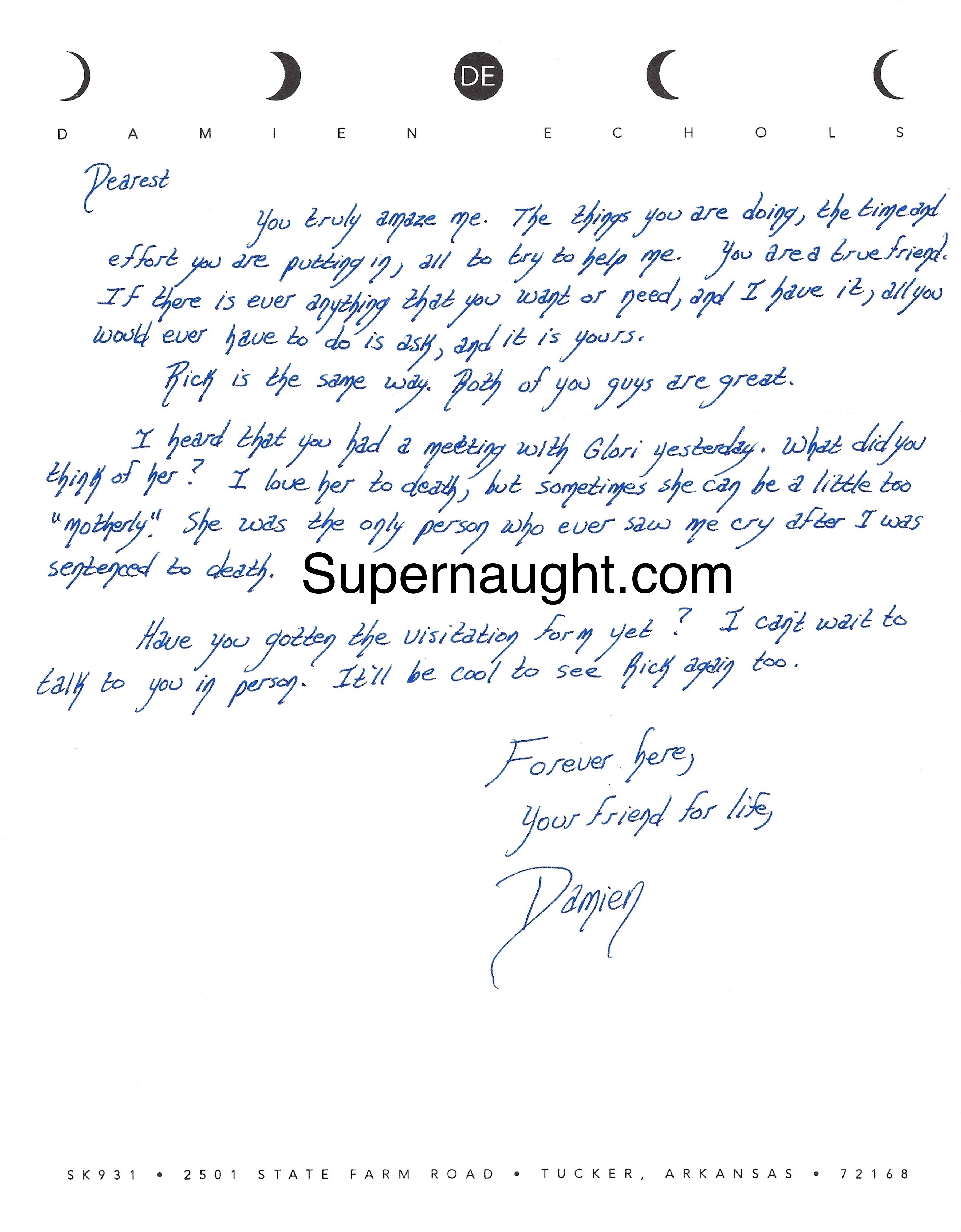 Damien Echols Signed Letter Written on Death Row