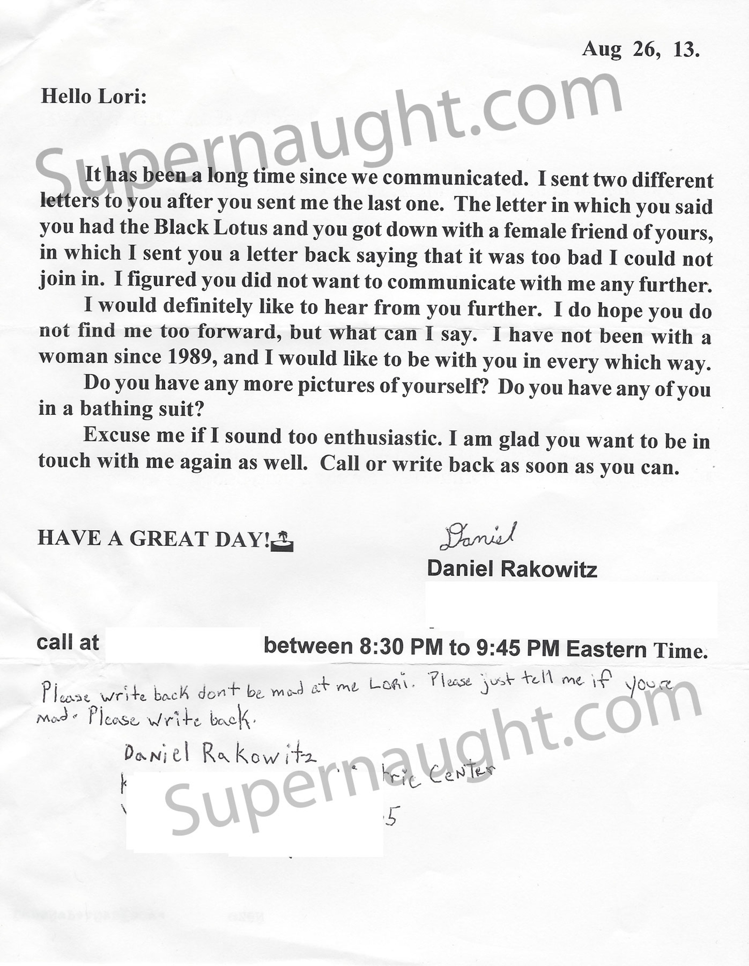 Daniel Rakowitz Letter and Envelope Both Signed