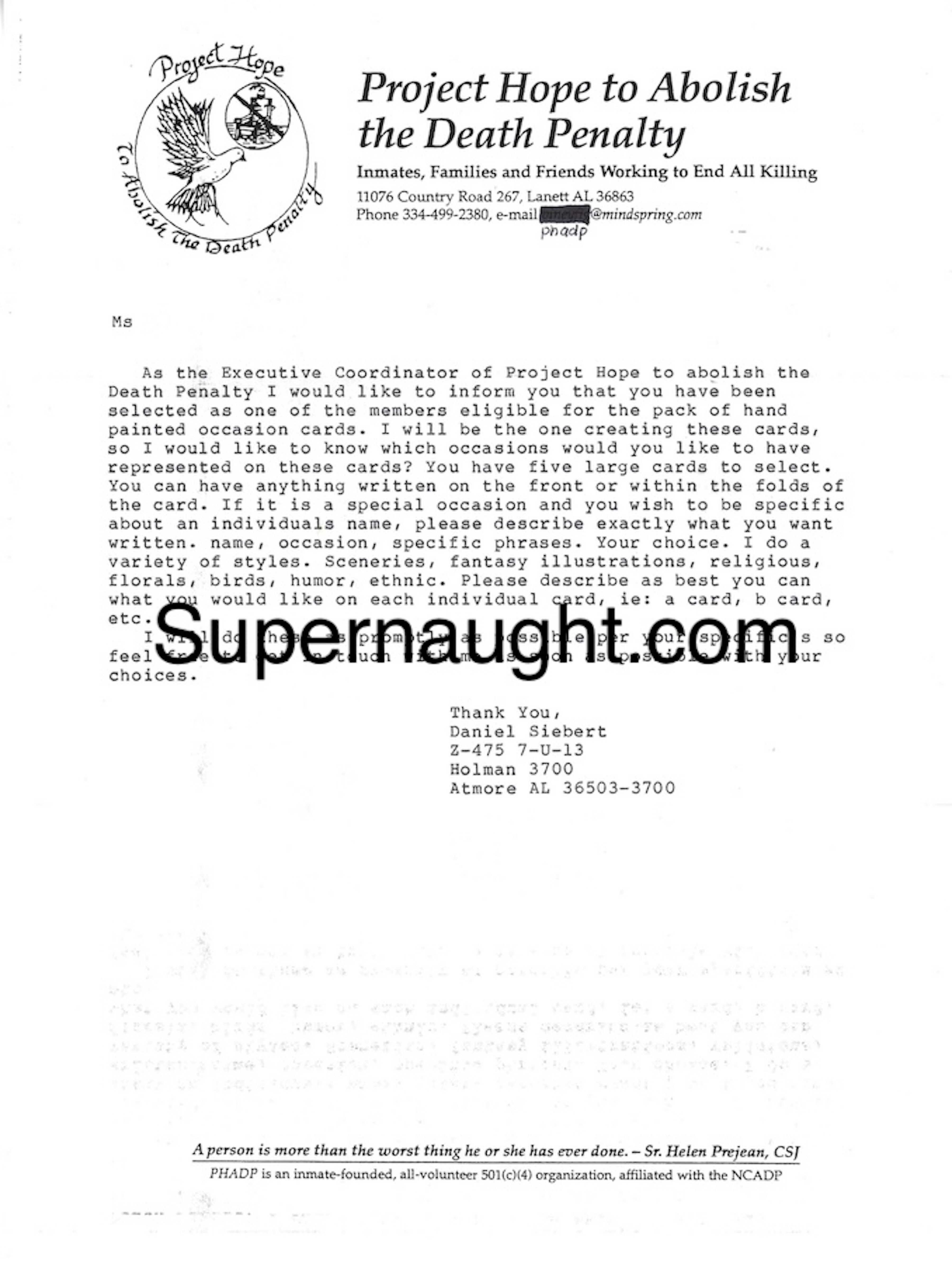 Daniel Siebert Letter and Signed Envelope