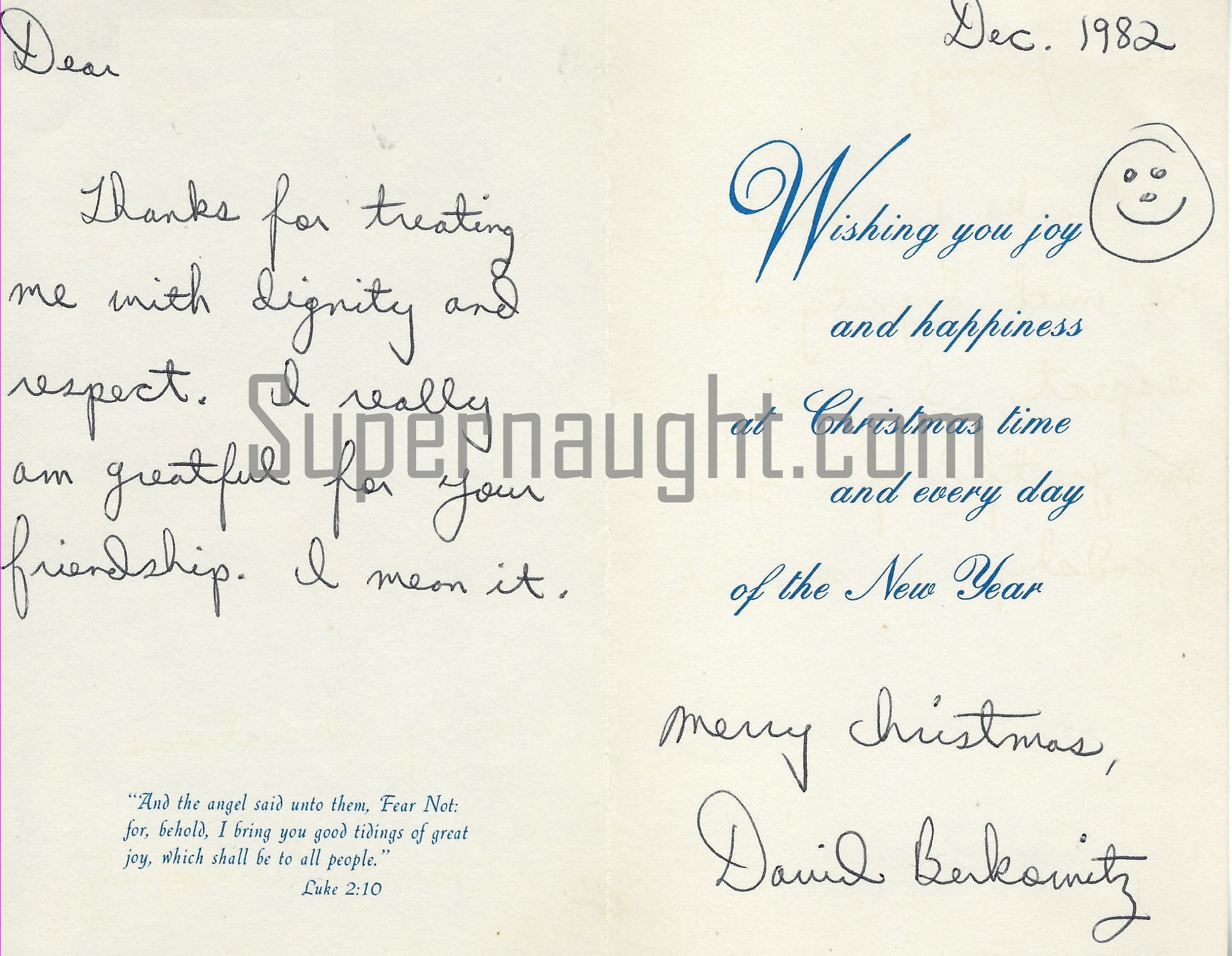David Berkowitz Signed Christmas Card 1982