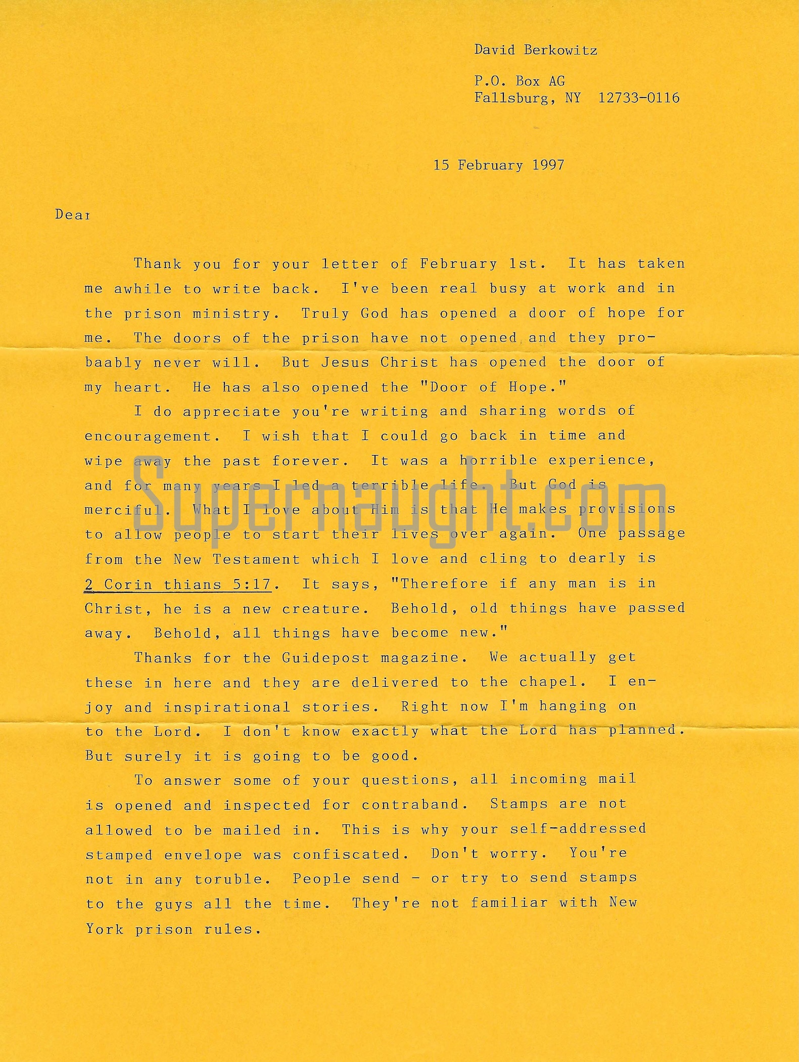David Berkowitz Signed Four Page Letter With Envelope Set