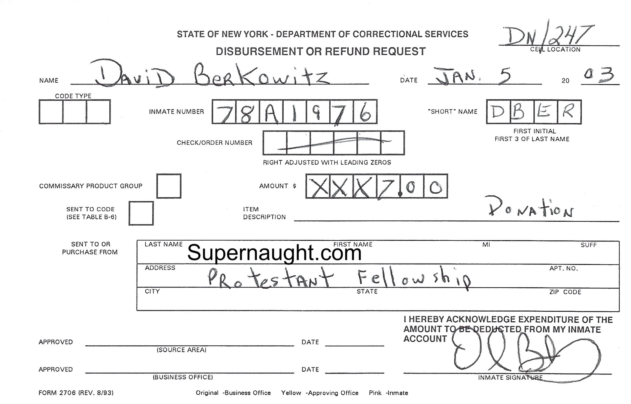 David Berkowitz Signed Funds Disbursement Document