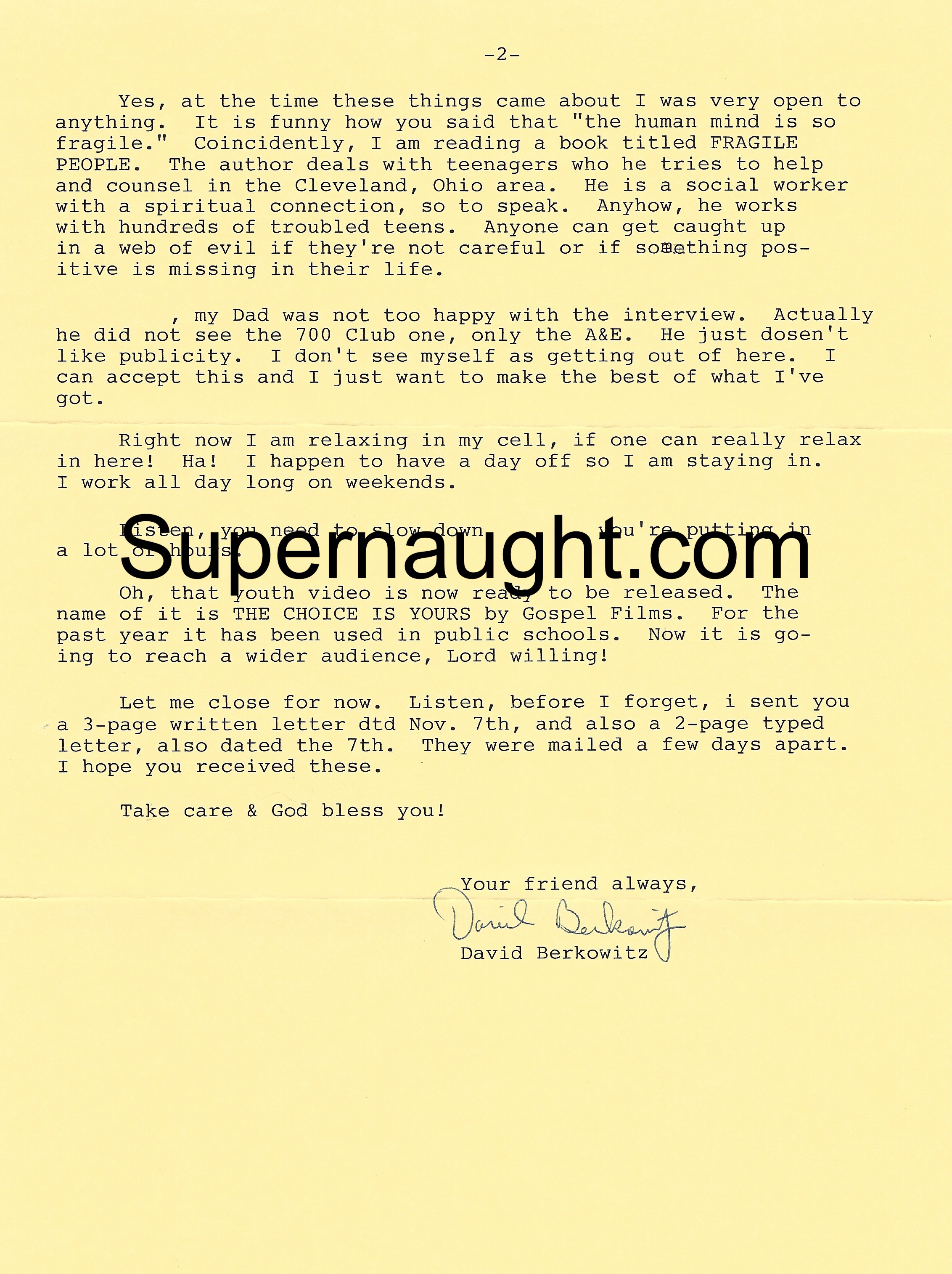 David Berkowitz  Signed Letter With Envelope Plus Inserts