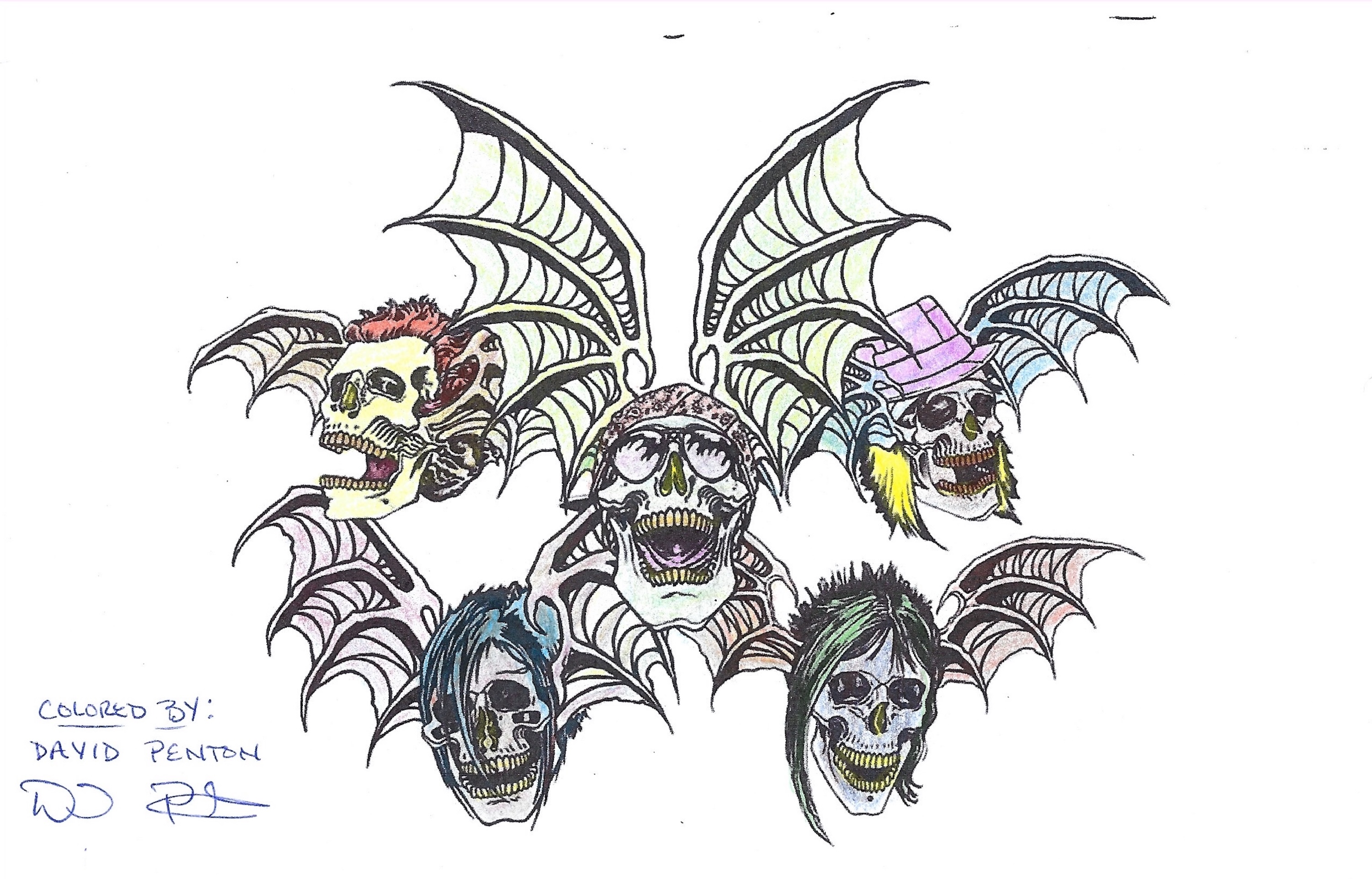 David Penton 5 Skulls Colored Page Signed Three Times