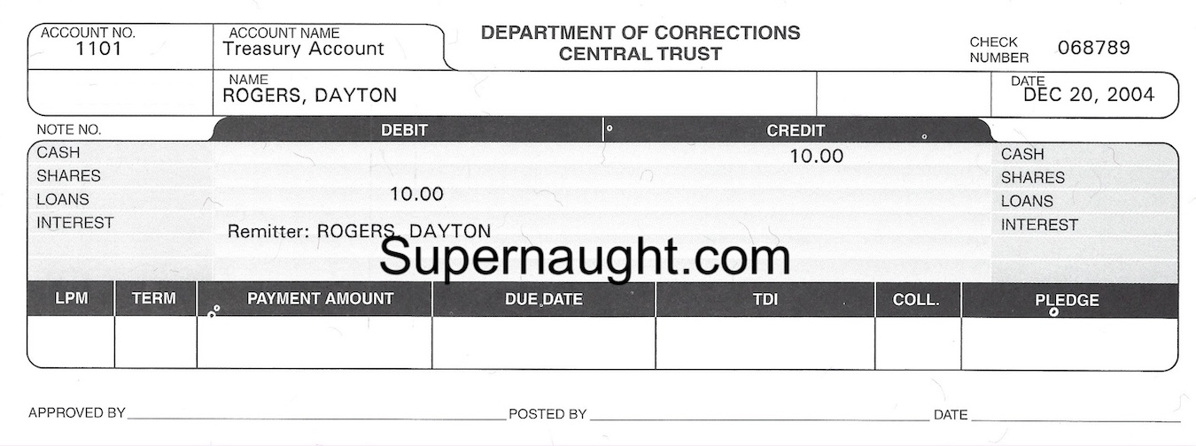 Dayton Rogers DOC Central Trust Deposit Inmate Receipt