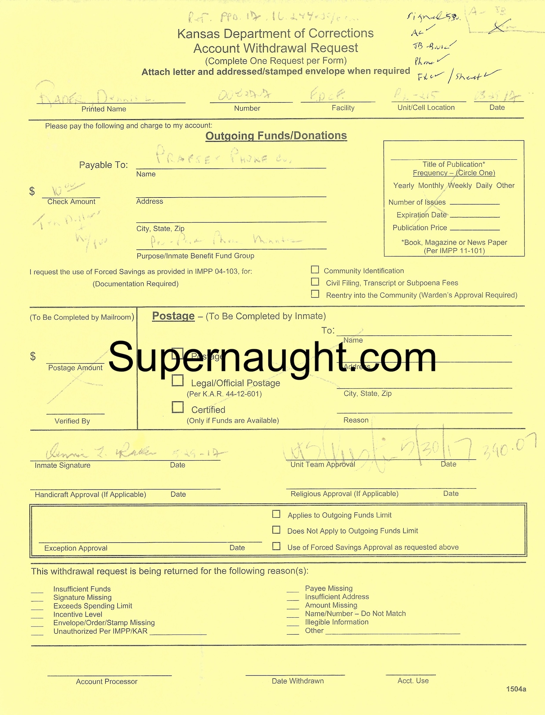 Dennis Rader Account Withdrawal Inmate Copy