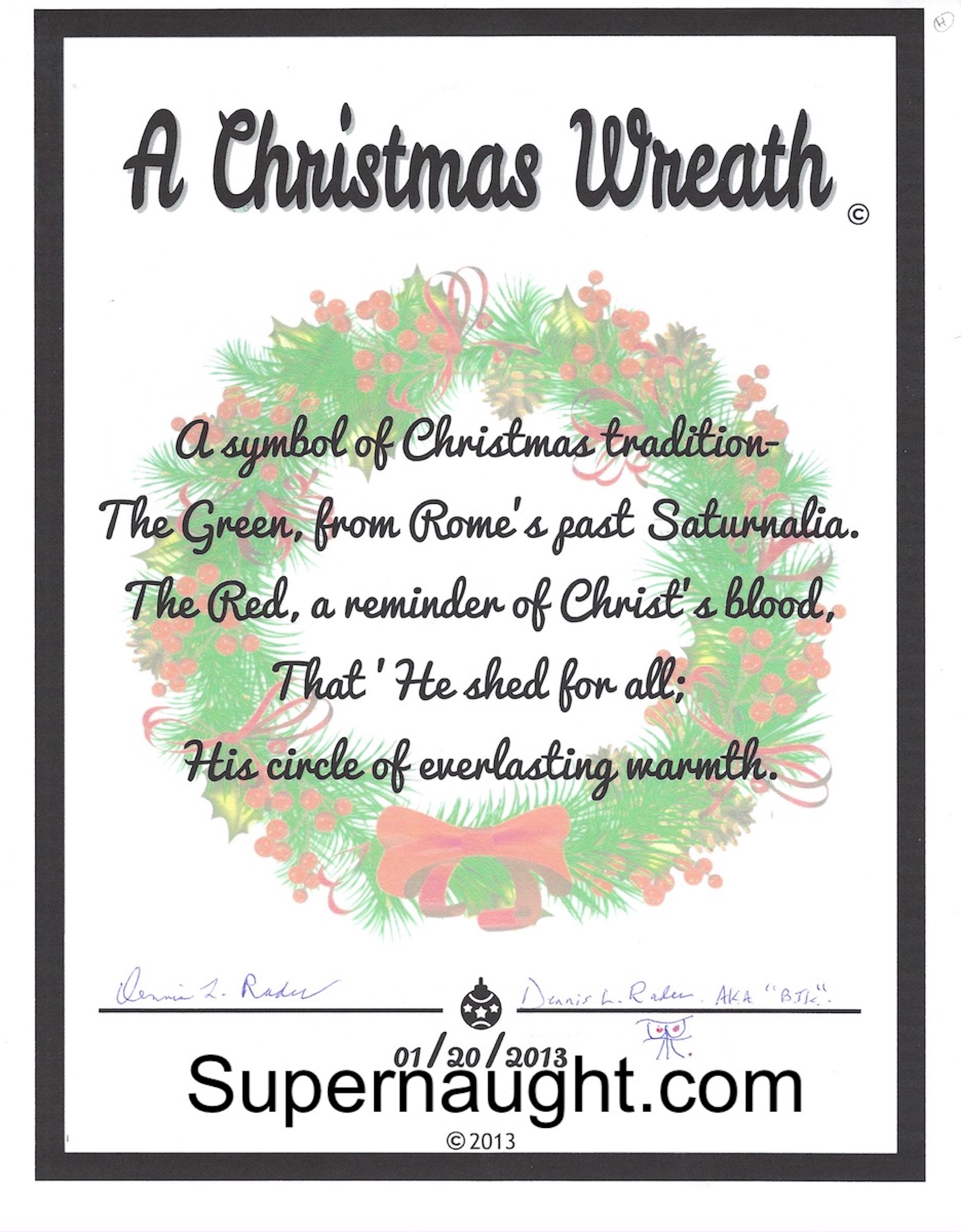 Dennis Rader Christmas Wreath Poem Signed BTK