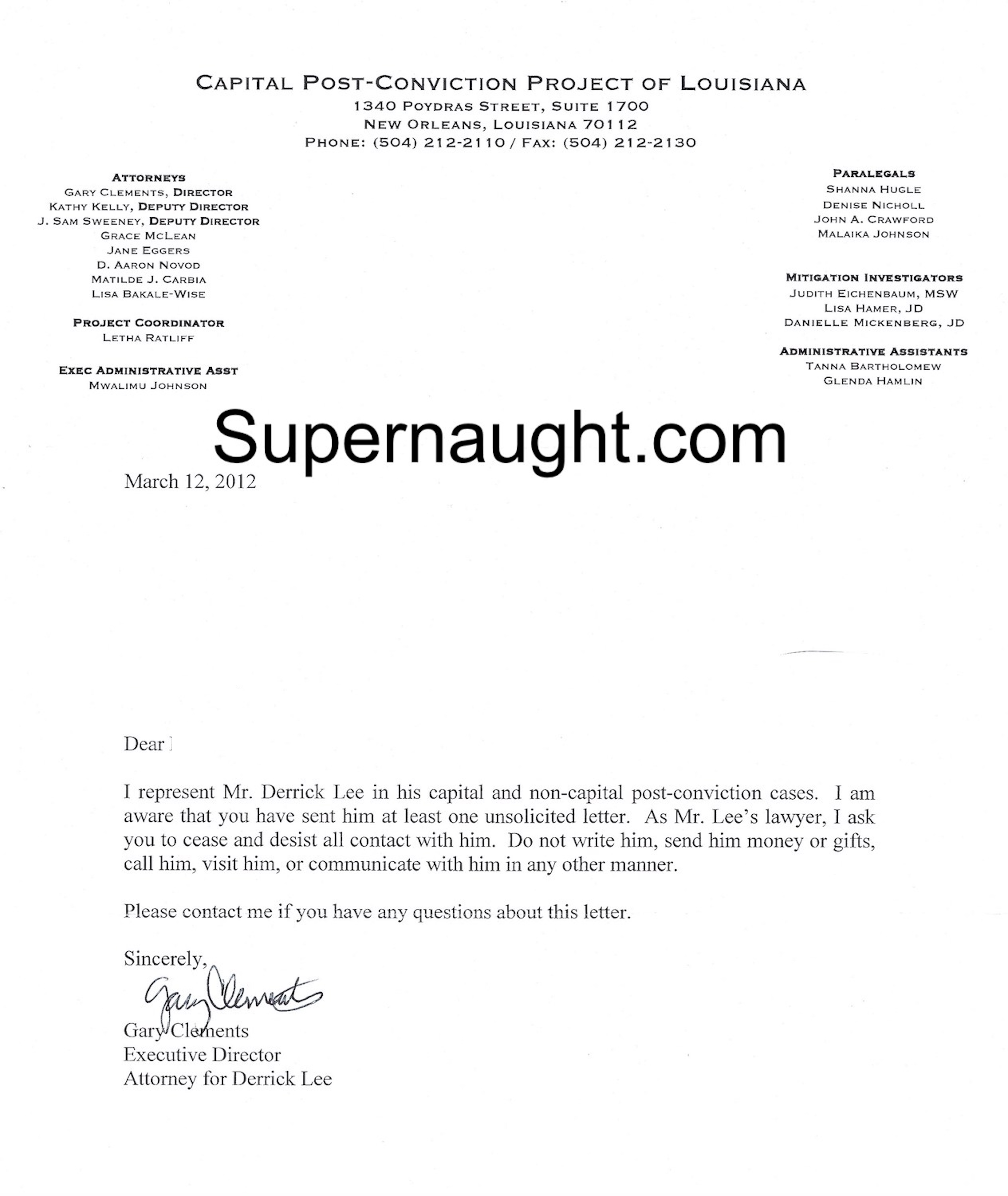 Derrick Lee Attorney Letter Signed With Envelope