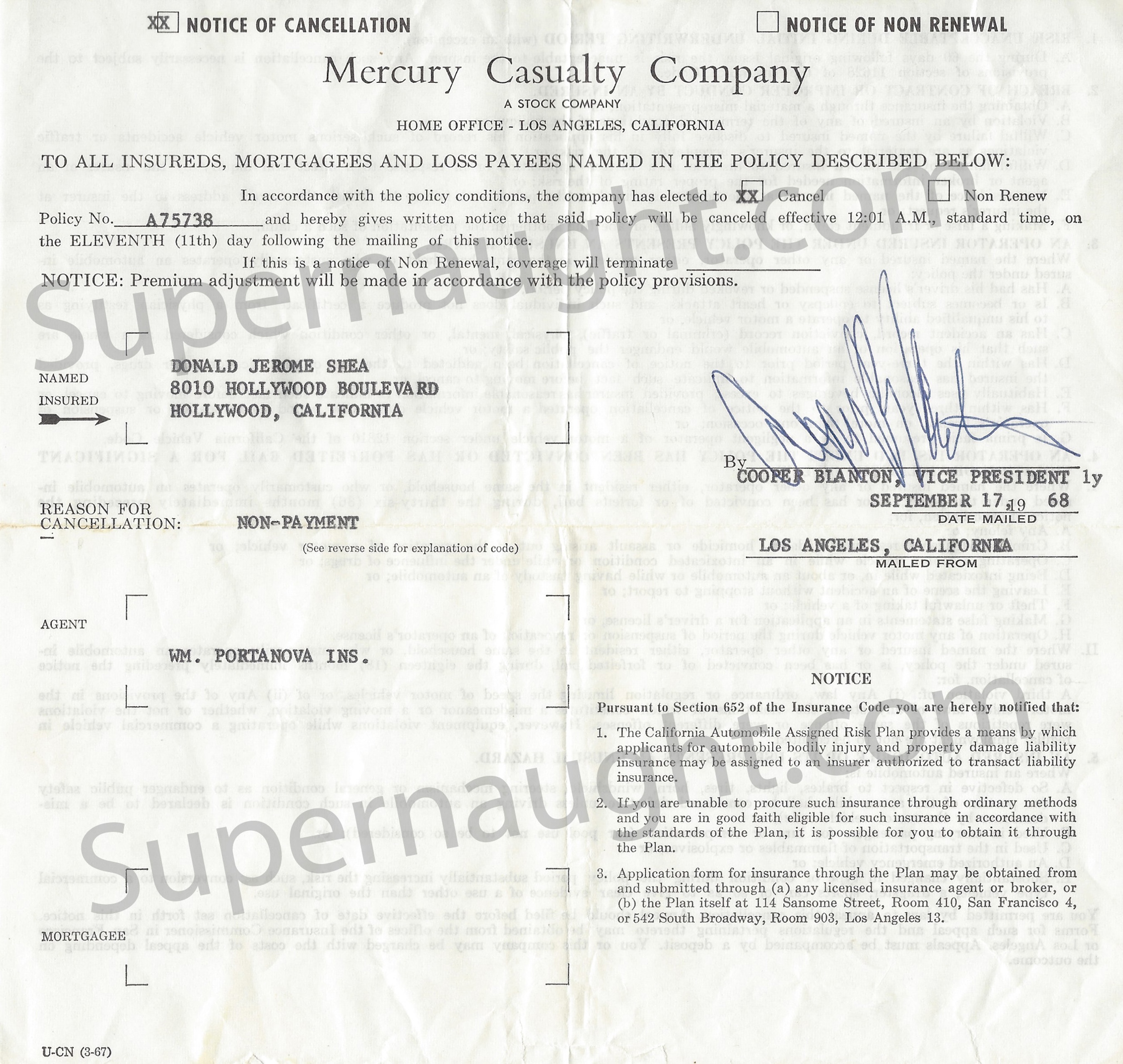 Donald Shorty Shea Notice of Vehicle Cancellation 1968