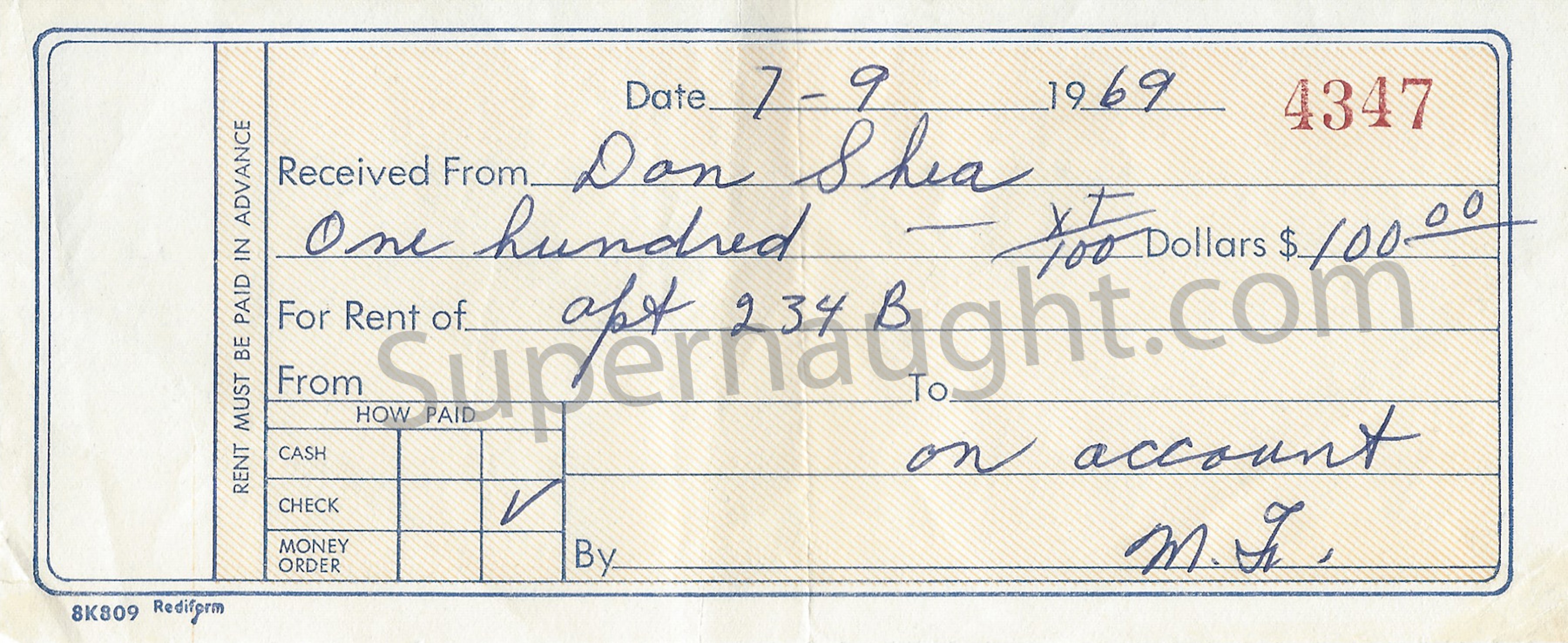 Donald Shorty Shea Paid Rent Receipt July 1969